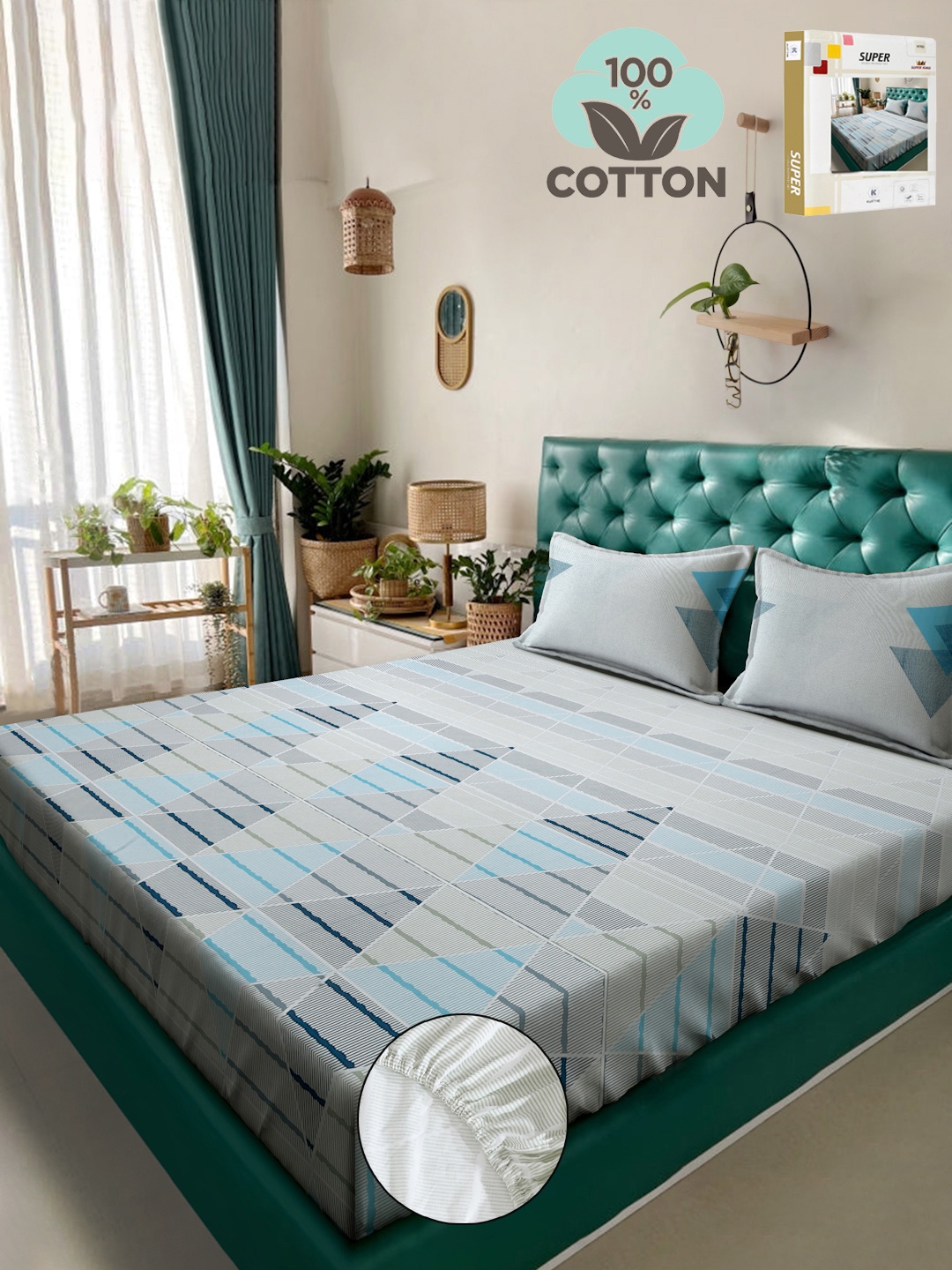 KLOTTHE Printed 400 TC Pure Cotton Fitted Super King Double Bedsheet & 2 Pillow Covers, Blue
KLOTTHE Printed 400 TC Pure Cotton Fitted Super King Double Bedsheet & 2 Pillow Covers, Blue