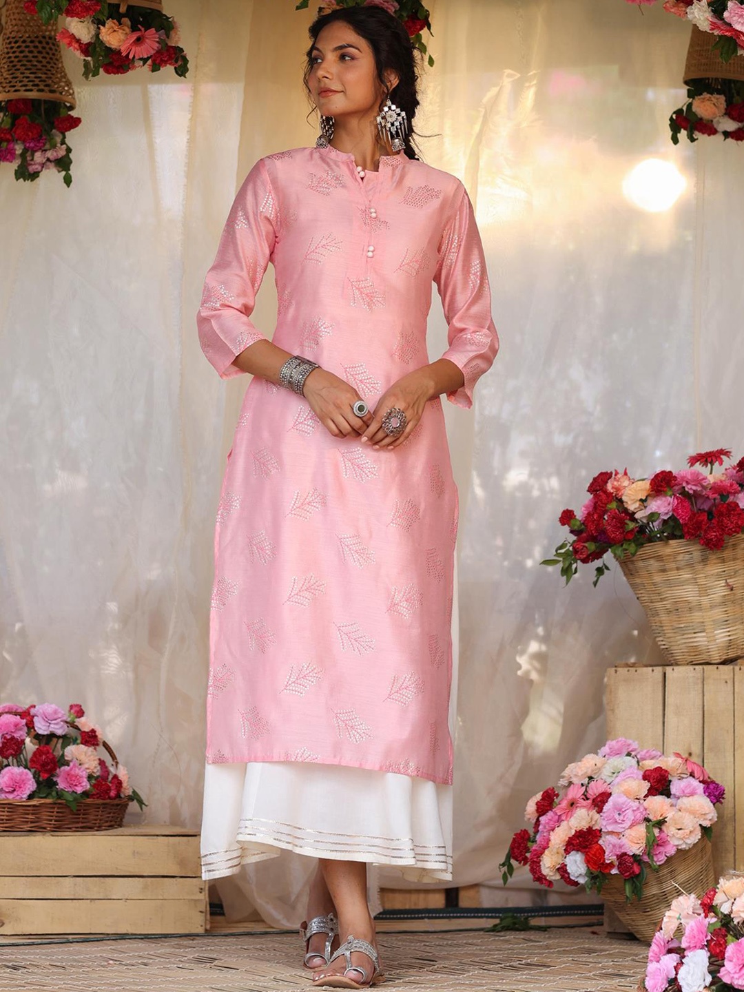 SCAKHI Floral Printed Pastels Chanderi Silk Kurta, Peach