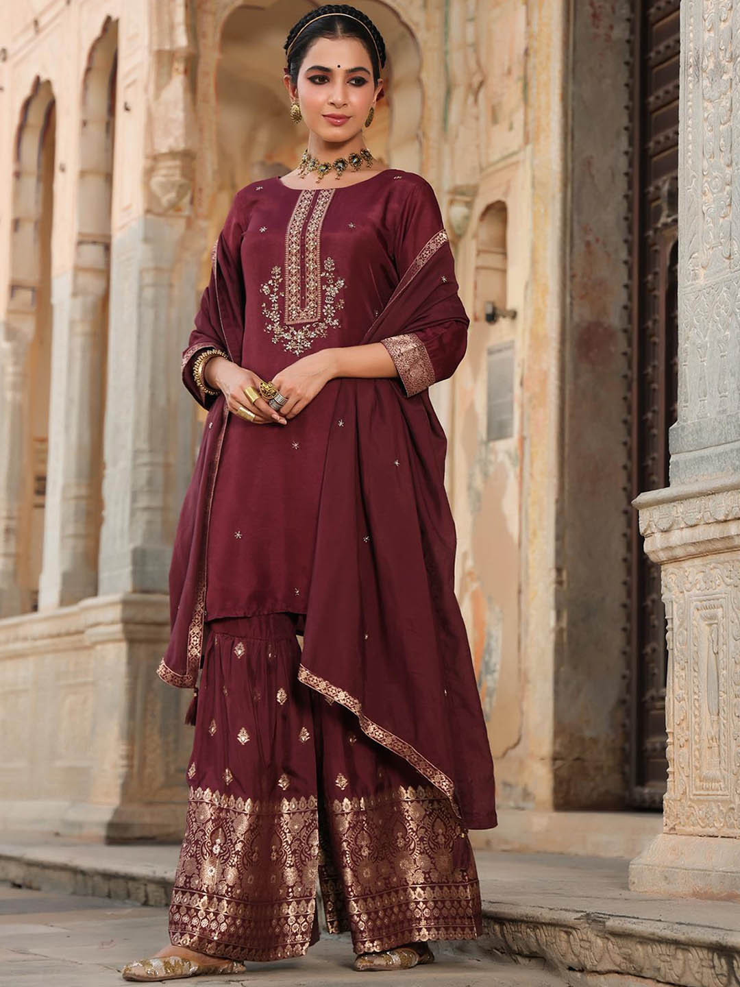 SCAKHI Floral Embroidered Beads & Stones Pure Silk Kurti With Sharara & Dupatta, Purple 
SCAKHI Floral Embroidered Beads & Stones Pure Silk Kurti With Sharara & Dupatta, Purple