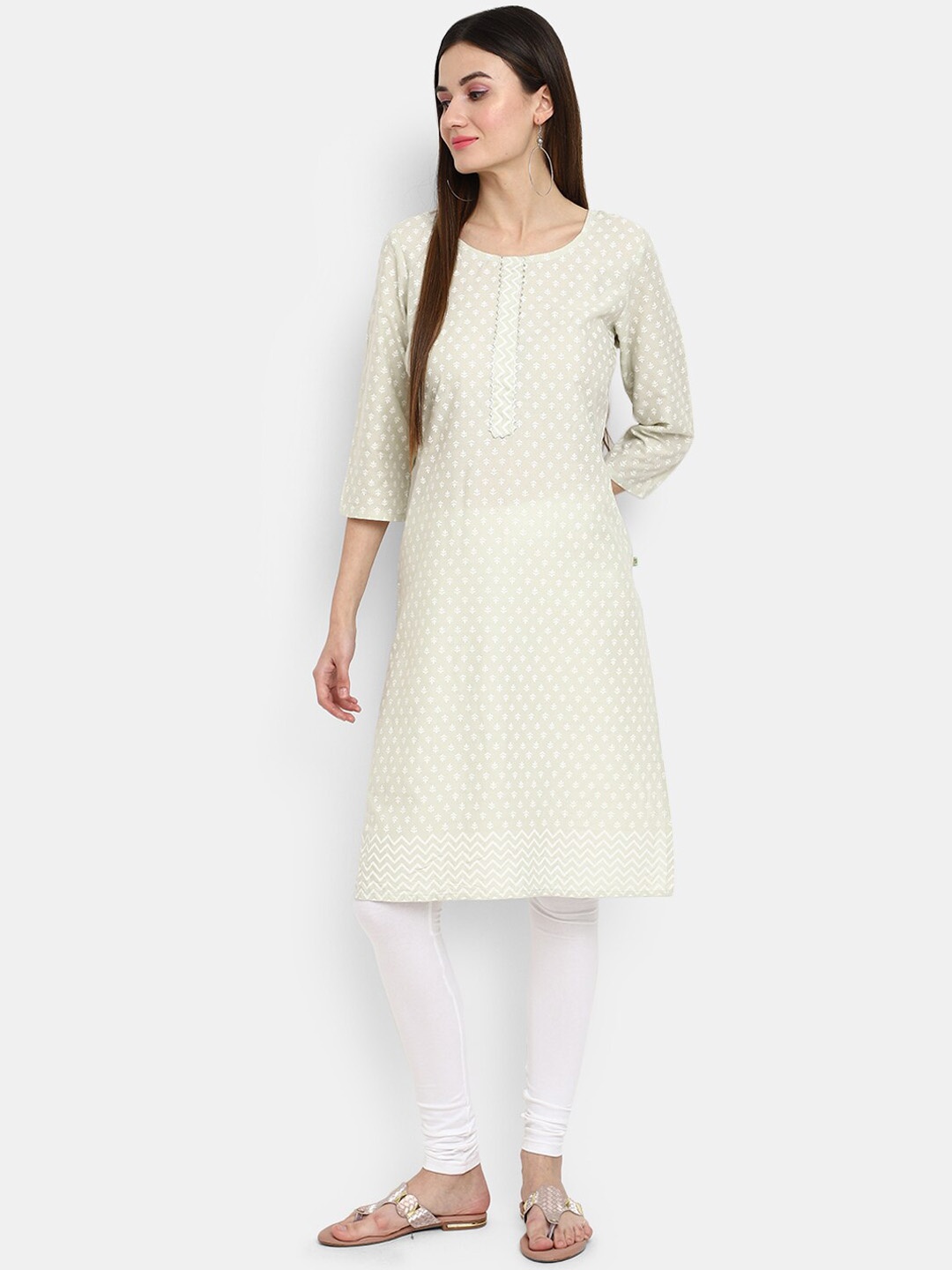 V-Mart Round Neck Ethnic Motifs Printed Gotta Patti Kurta, Green