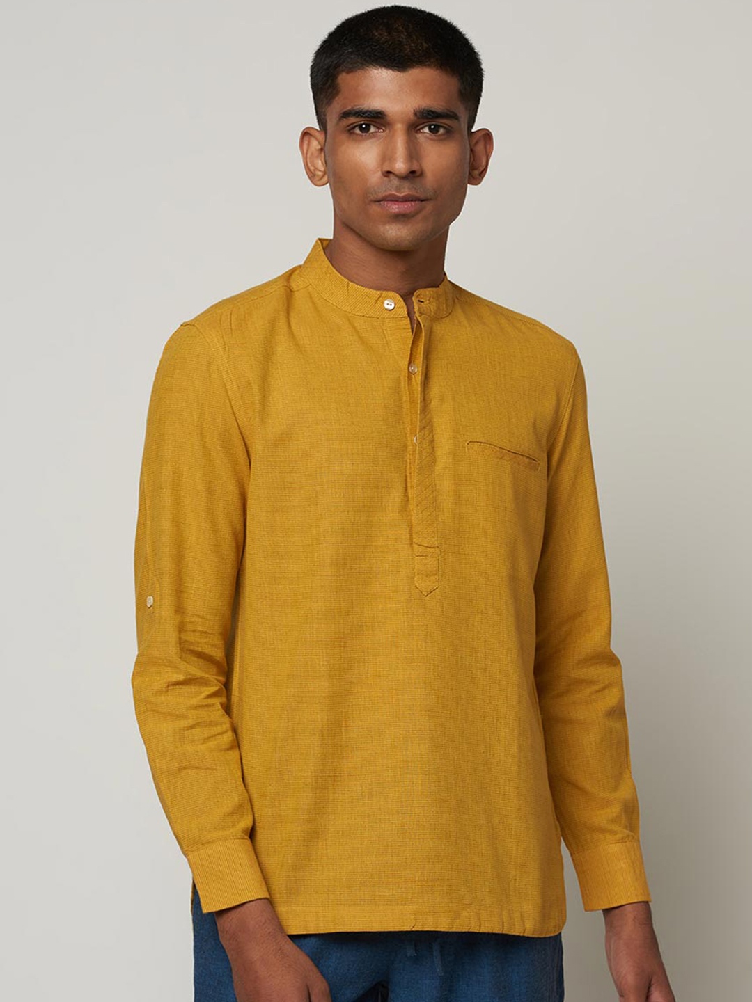 Fabindia Band Collar Short Kurta, Mustard