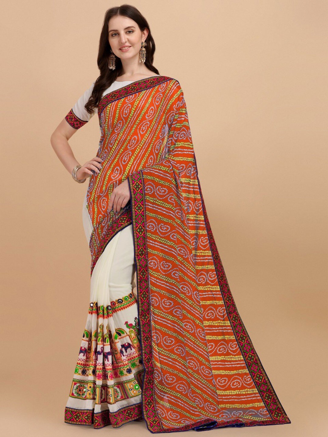 VEERAX Bandhani Printed Embroidered Pure Georgette Half and Half Saree, Orange
VEERAX Bandhani Printed Embroidered Pure Georgette Half and Half Saree, Orange
