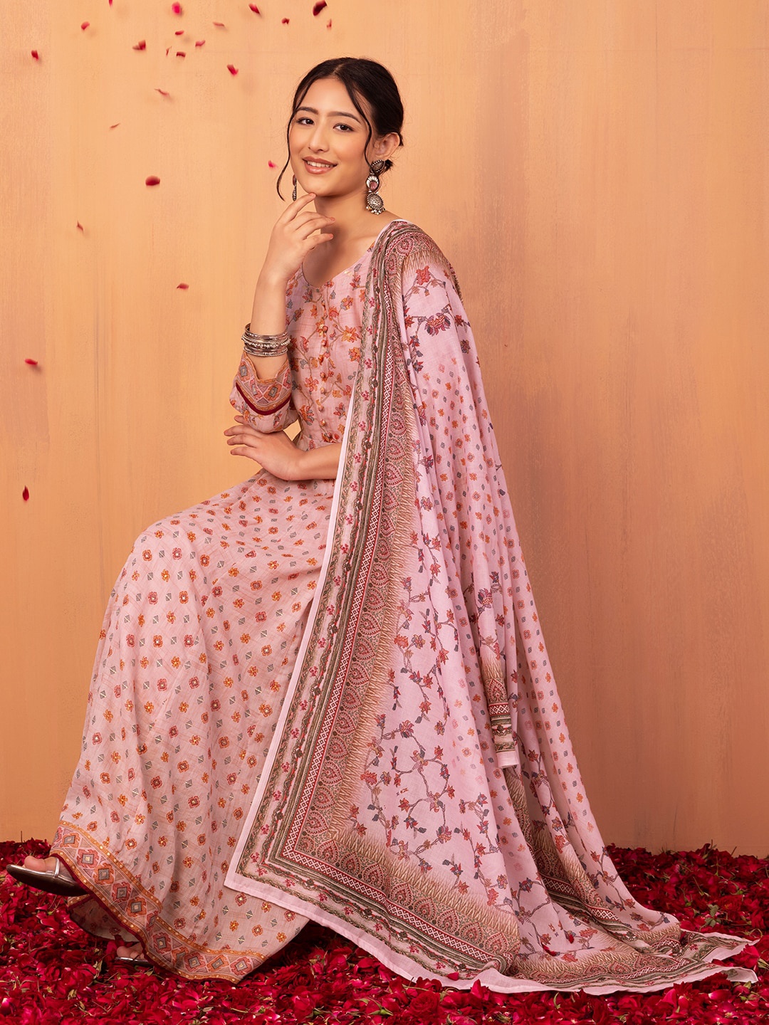 Rang by Indya Floral Printed Pure Cotton Anarkali Kurta With Trouser & Dupatta, Pink
Rang by Indya Floral Printed Pure Cotton Anarkali Kurta With Trouser & Dupatta, Pink