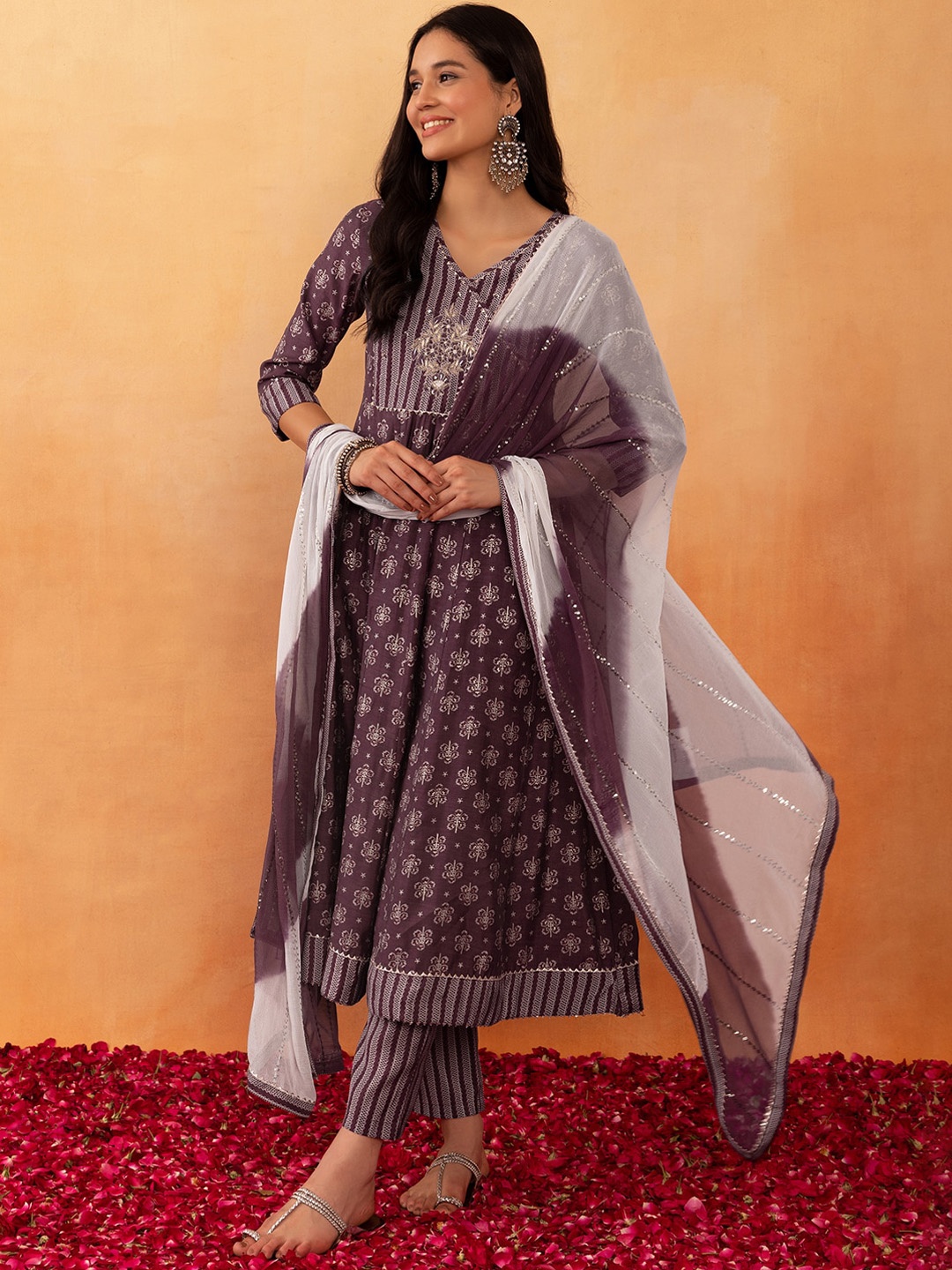 Rang by Indya Floral Boota Printed Thread Work Sequined Anarkali Kurta With Trouser & Dupatta, Purple
Rang by Indya Floral Boota Printed Thread Work Sequined Anarkali Kurta With Trouser & Dupatta, Purple