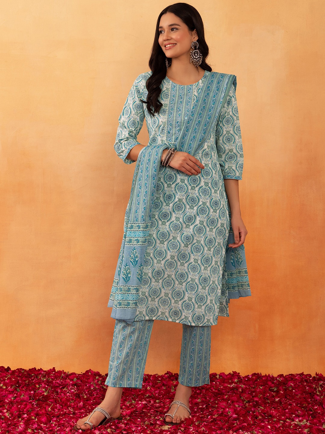 Rang by Indya Floral Block Printed Thread Work Pure Cotton Kurta With Trouser & Dupatta, White
Rang by Indya Floral Block Printed Thread Work Pure Cotton Kurta With Trouser & Dupatta, White
