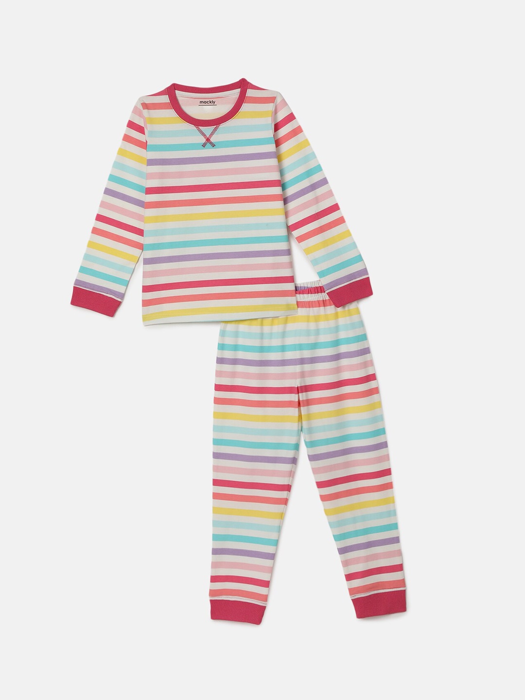 mackly Girls Striped Night Suit, White
