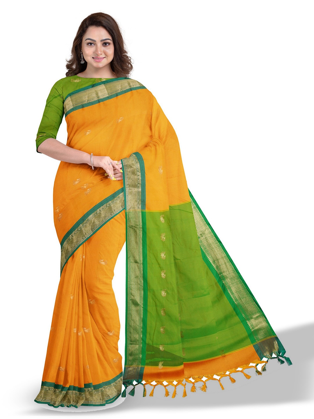 Anouk Yellow & Green Ethnic Woven Design Zari Saree