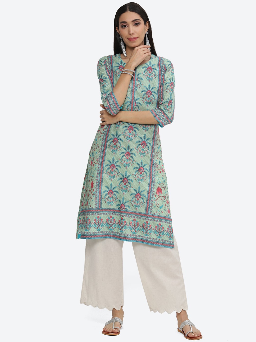 Biba Floral Printed A-Line Pure Cotton Kurta, Sea green