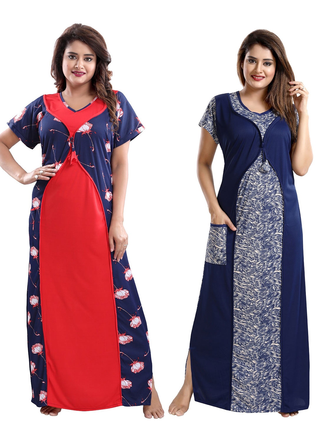 SHOPPING STATION Pack Of 2 Floral Printed Satin Maxi Nightdress, Pink