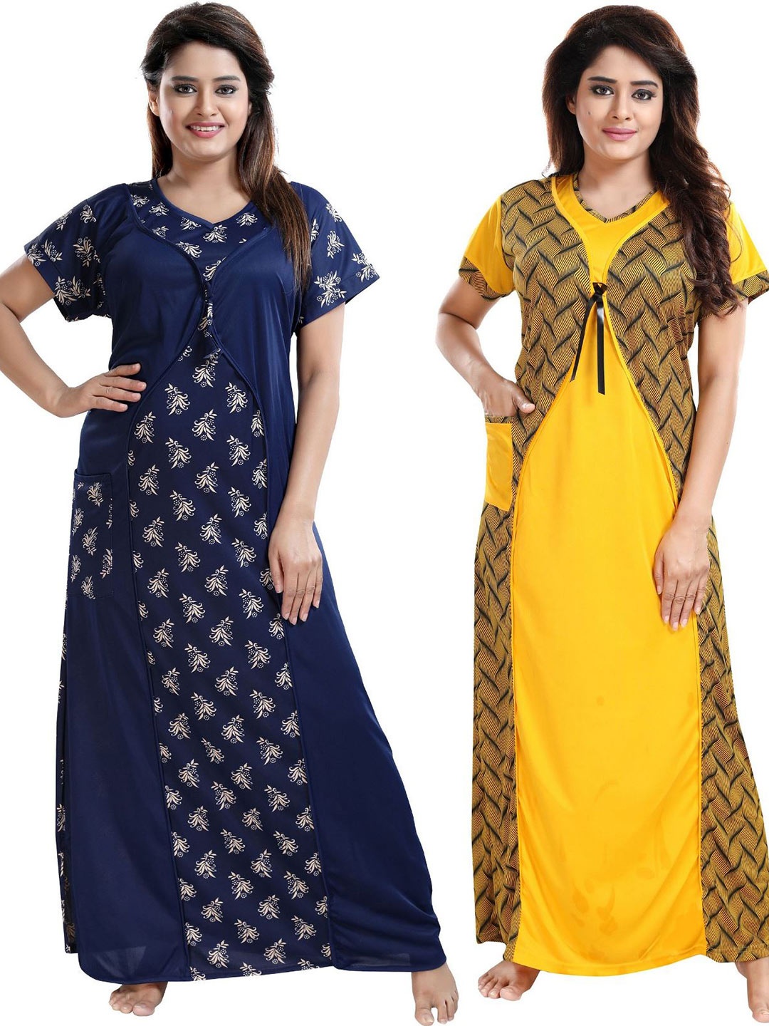 SHOPPING STATION Pack Of 2 Printed Maxi Satin Nightdress, Navy blue