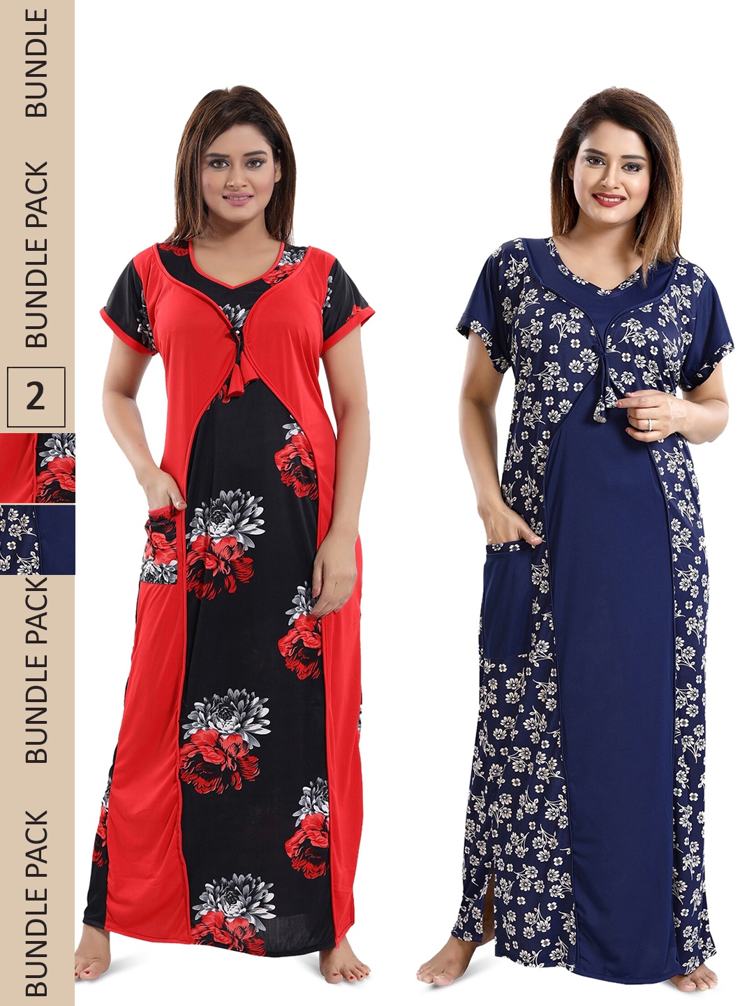 SHOPPING STATION Pack Of 2 Floral Printed Satin Maxi Nightdress, Navy blue