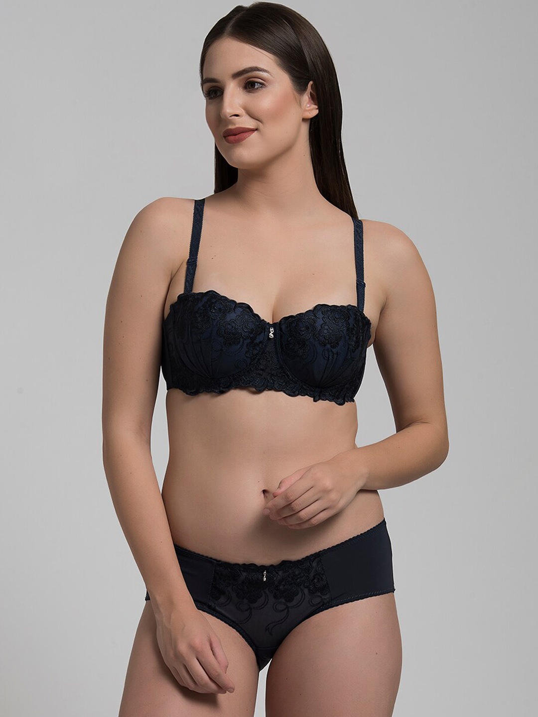 MAKCLAN Lightly Padded Underwired Self-Design Balconette Lace Lingerie Set, Navy blue
MAKCLAN Lightly Padded Underwired Self-Design Balconette Lace Lingerie Set, Navy blue