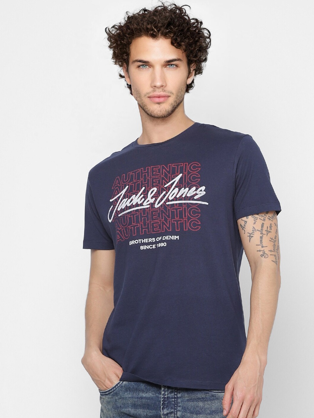 Jack & Jones Typography Printed Cotton T-shirt, Navy blue