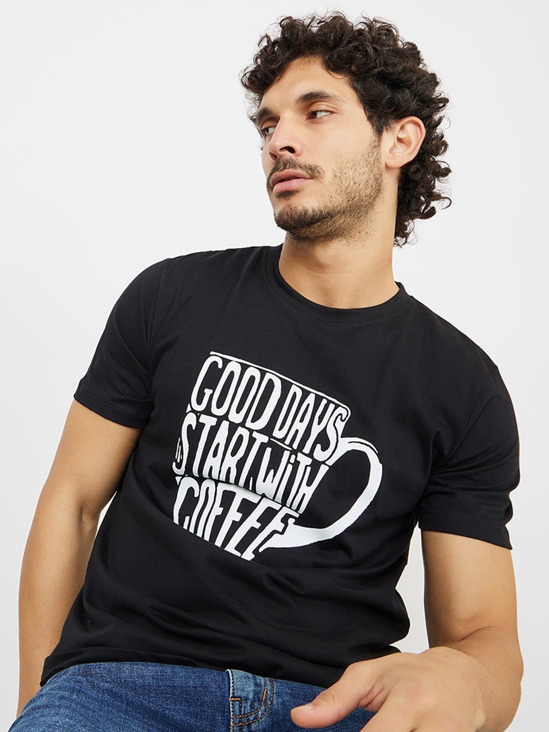 Styli Typography Printed Pure Cotton T-shirt, Black