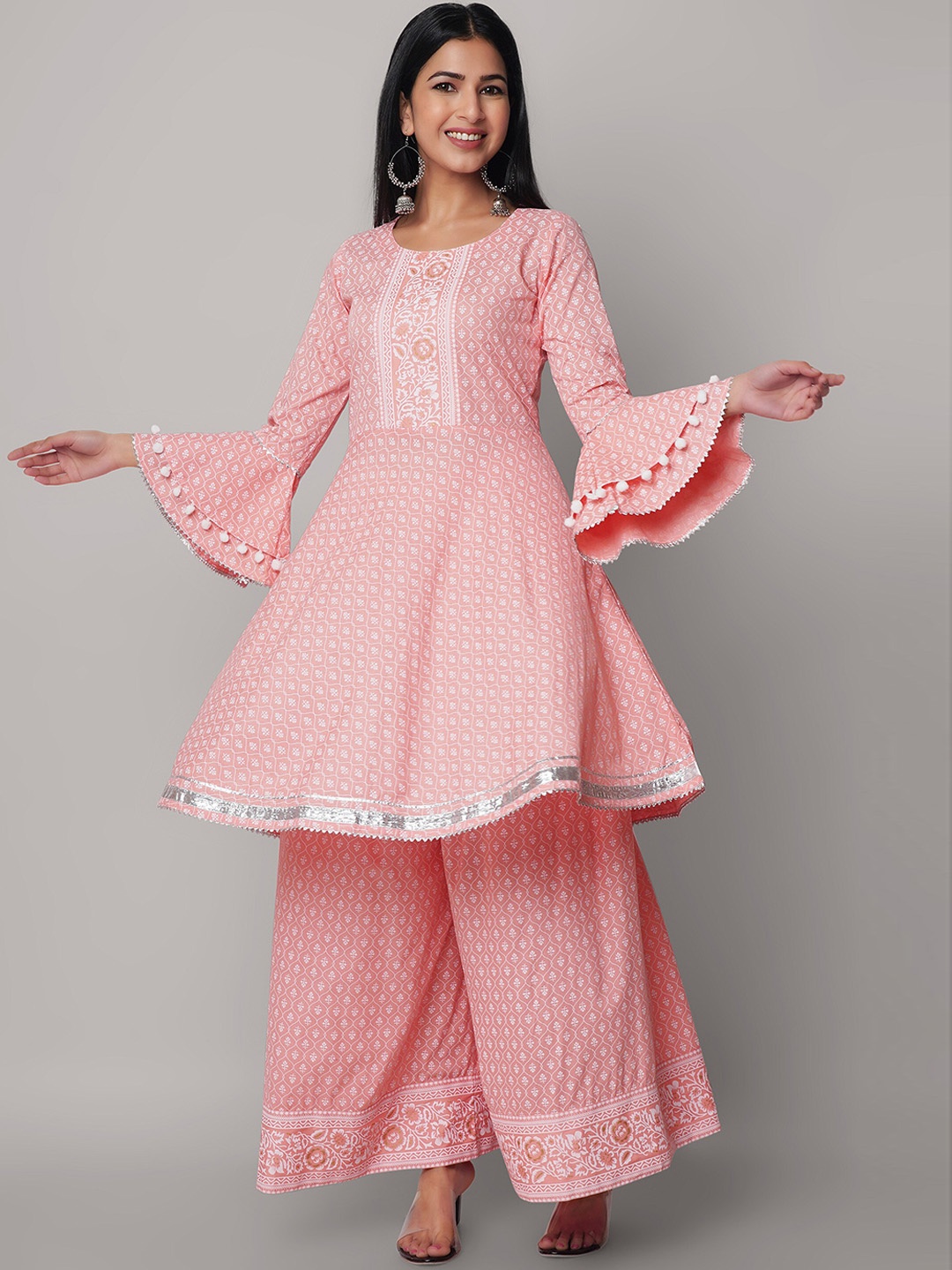 God Bless Floral Printed Gotta Patti Kurta With Palazzos, Peach