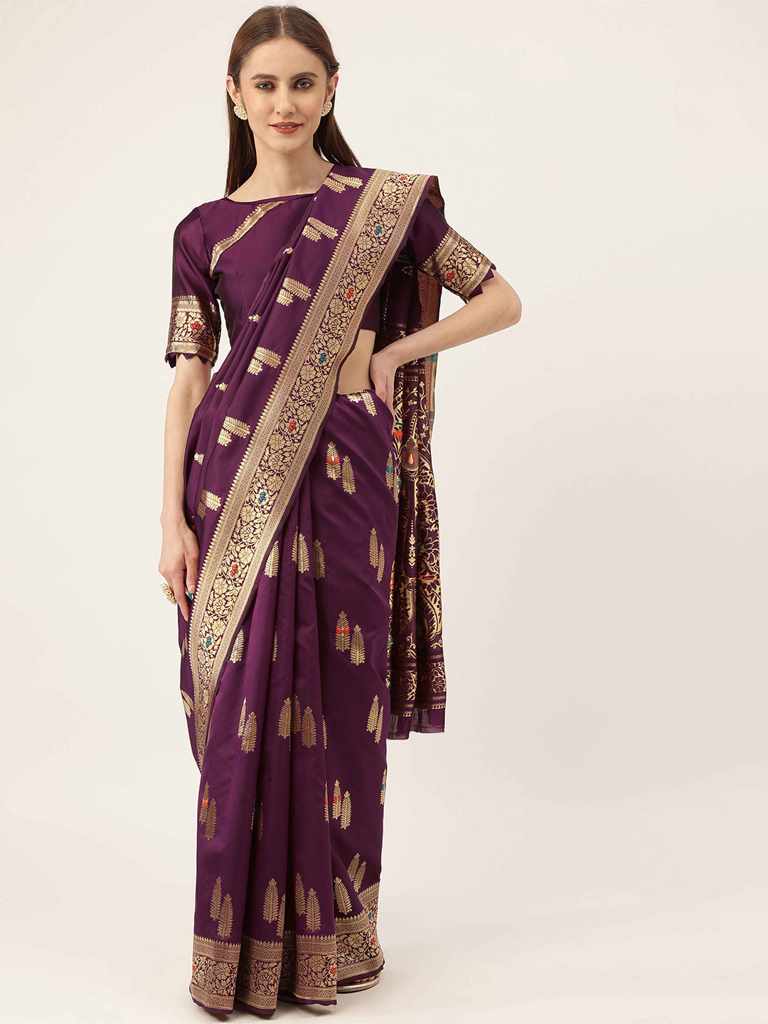 HERE&NOW Purple & Blue Ethnic Woven Design Zari Kanjeevaram Saree 
HERE&NOW Purple & Blue Ethnic Woven Design Zari Kanjeevaram Saree