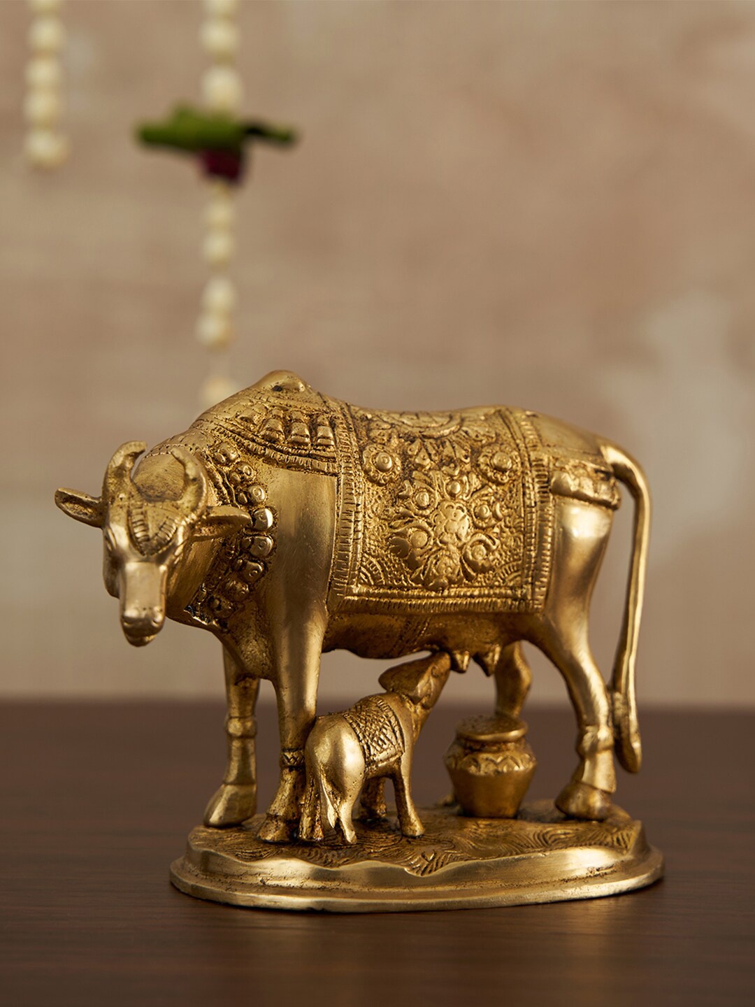 DecorTwist Gold-Toned Cow & Calf Figurine Showpiece