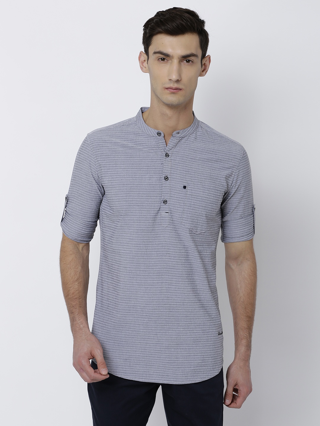 LOCOMOTIVE Men Grey Slim Fit Striped Casual Shirt