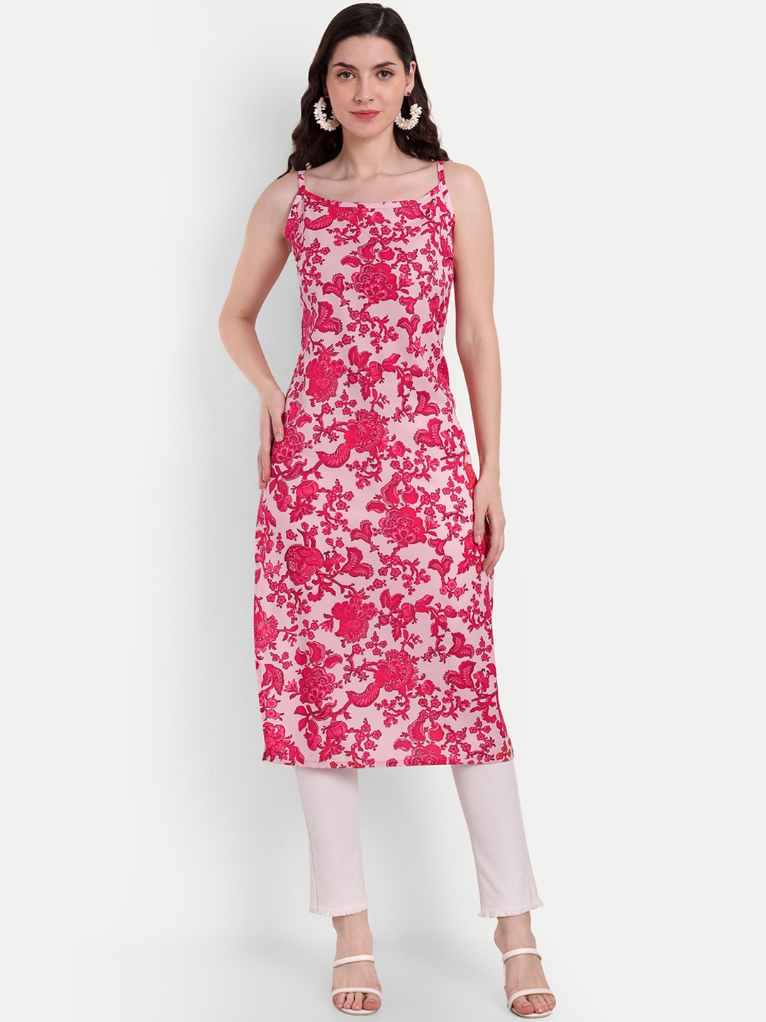 ISAM Floral Printed Shoulder Straps Kurta, Pink