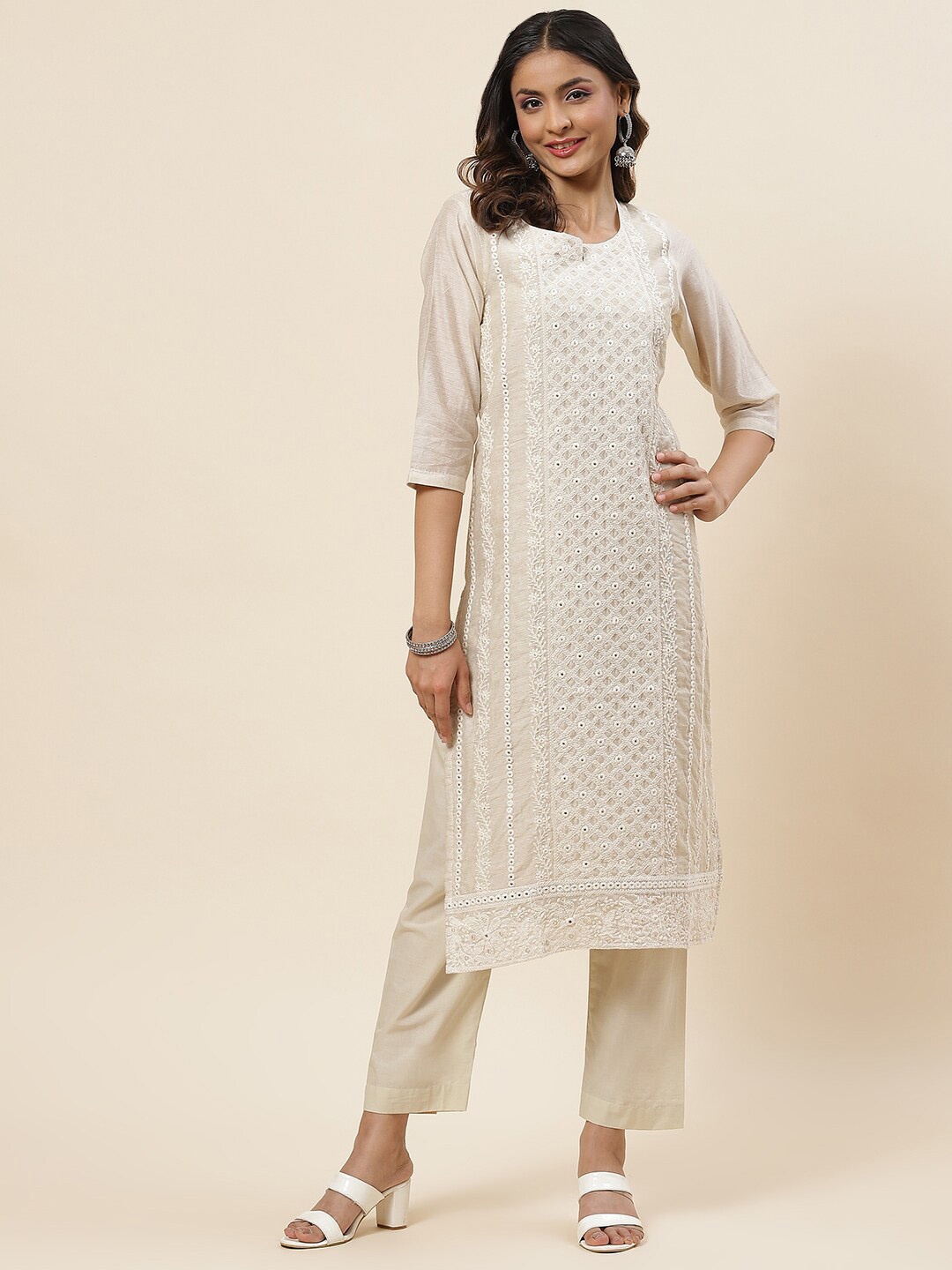 Meena Bazaar Geometric Embroidered Mirror Work Chanderi Silk Kurta with Trousers, Cream
Meena Bazaar Geometric Embroidered Mirror Work Chanderi Silk Kurta with Trousers, Cream
