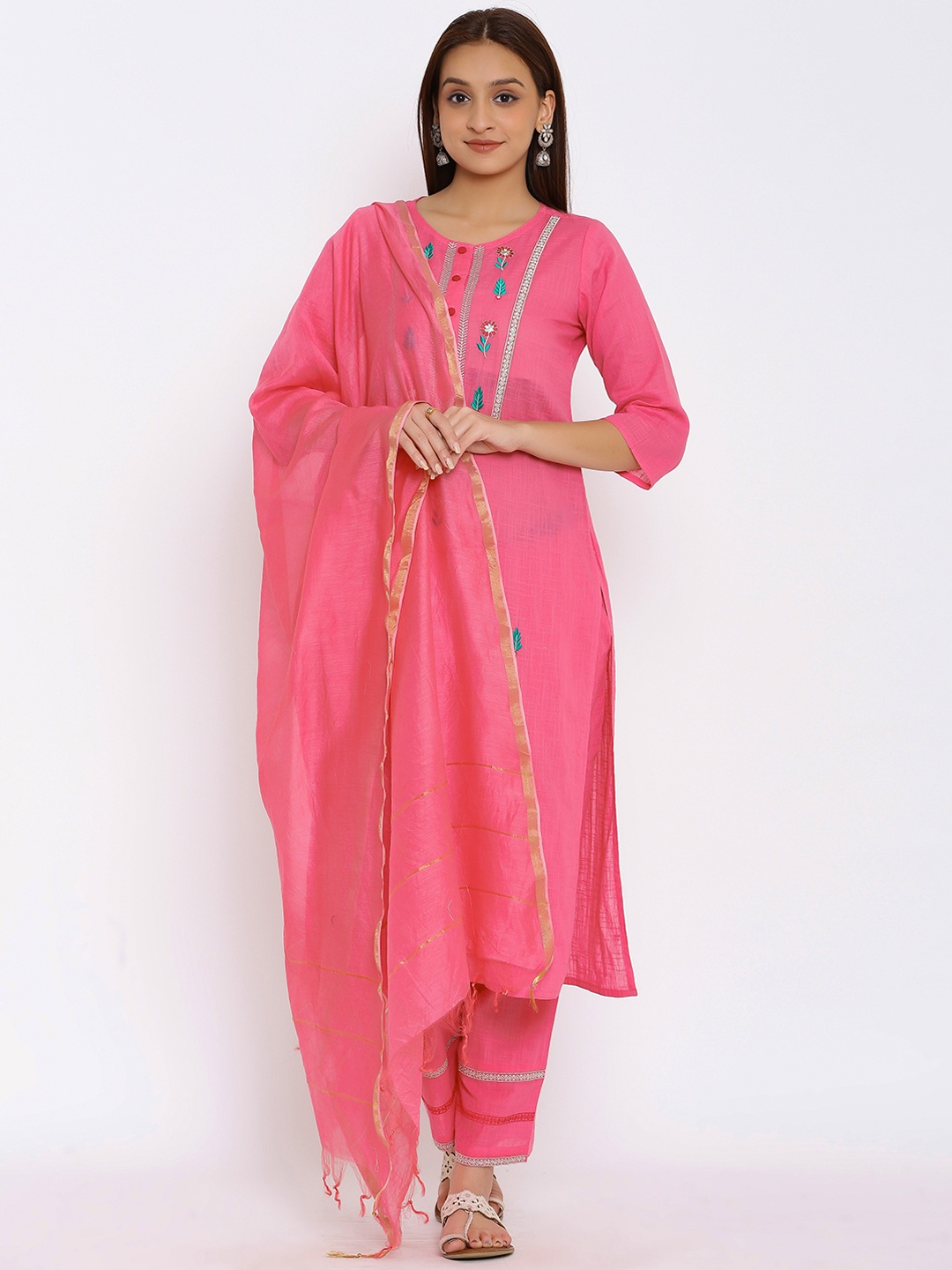 HERE&NOW Pink & Green Floral Embroidered Zari Work Kurta with Palazzos & Dupatta
HERE&NOW Pink & Green Floral Embroidered Zari Work Kurta with Palazzos & Dupatta