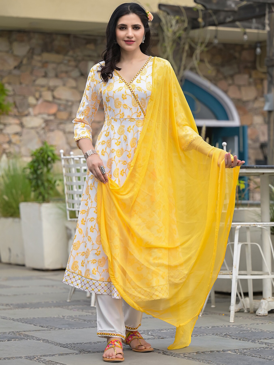 NITVAN Paisley Woven Design Mirror Work Angrakha Kurta with Trousers & Dupatta, Yellow
NITVAN Paisley Woven Design Mirror Work Angrakha Kurta with Trousers & Dupatta, Yellow