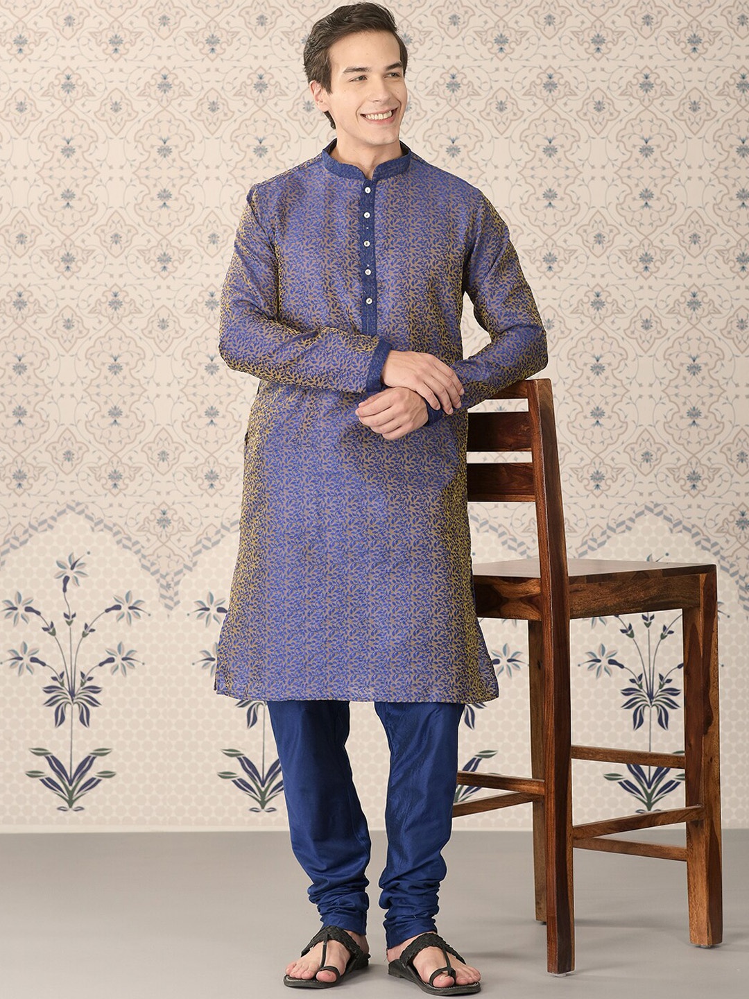 Ode by House of Pataudi Blue & Gold Woven Design Mandarin Collar Kurta With Churidar
Ode by House of Pataudi Blue & Gold Woven Design Mandarin Collar Kurta With Churidar