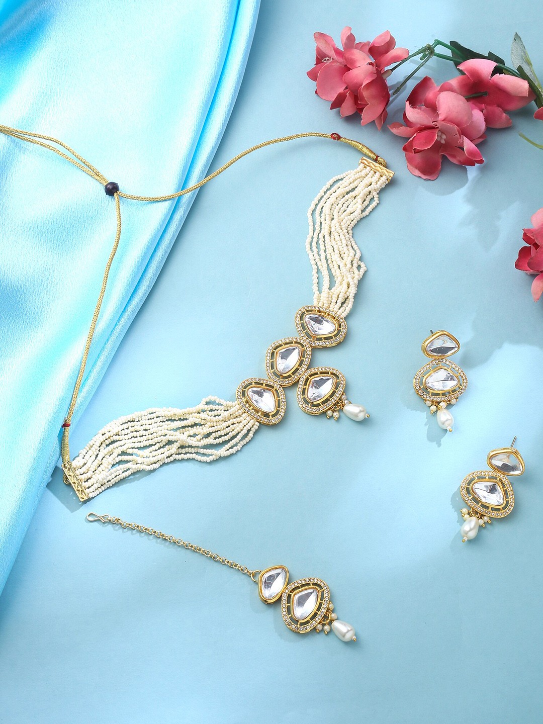 Yellow Chimes Gold-Plated Kundan-Studded Necklace & Earrings Set With Maangtika, White