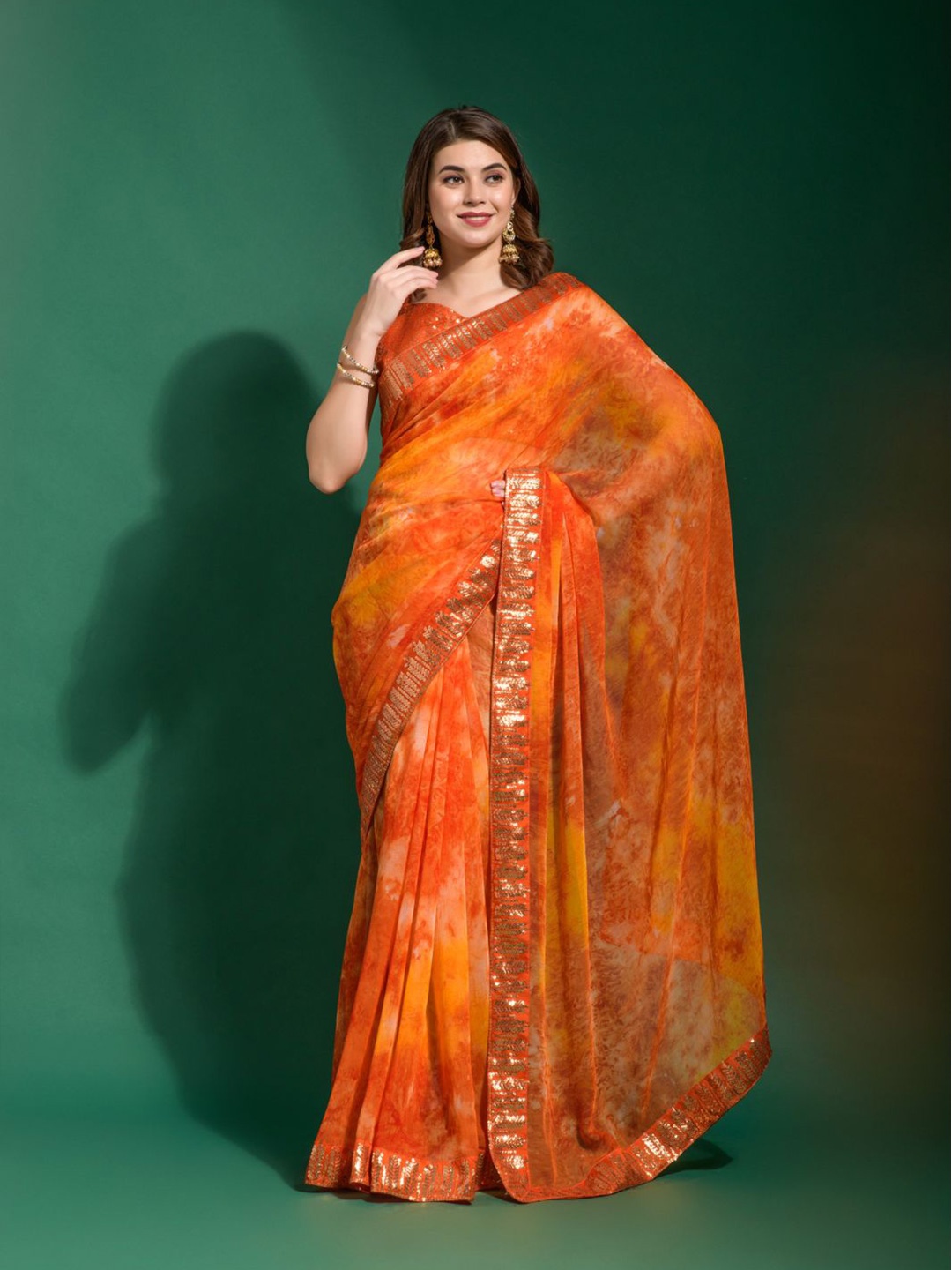 VEERAX Tie and Dye Sequinned Pure Georgette Saree, Orange