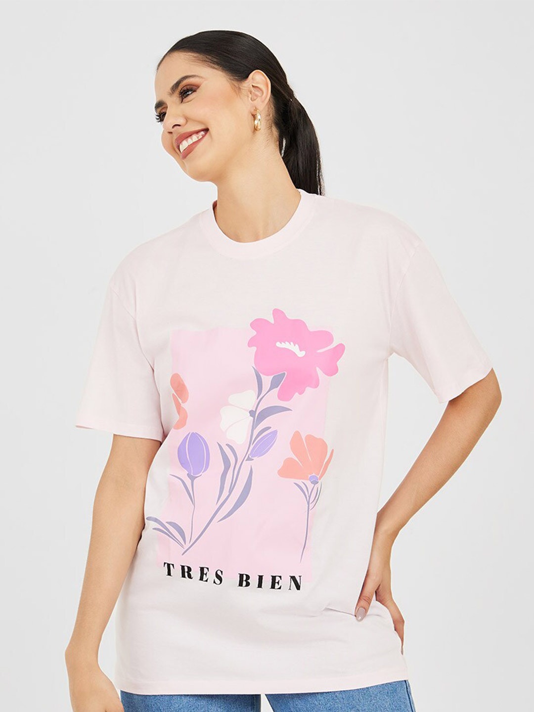 Styli Floral Printed Cotton Relaxed Fit T-shirt, Pink