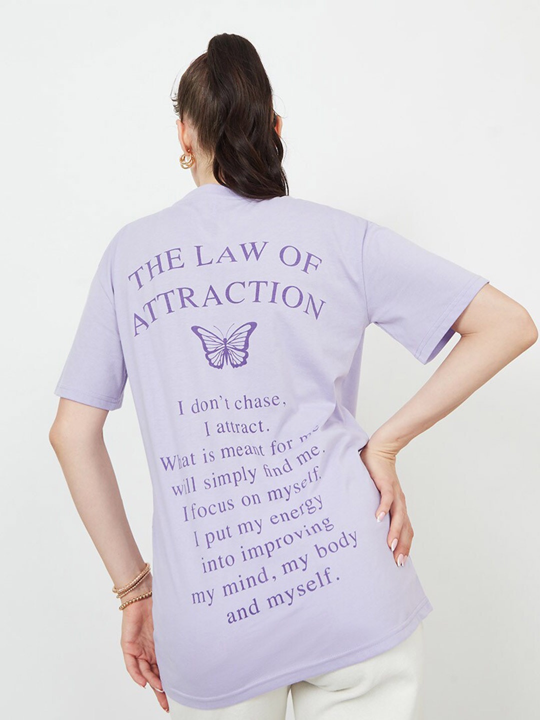 Styli Typography Printed Cotton Oversized T-shirt, Purple