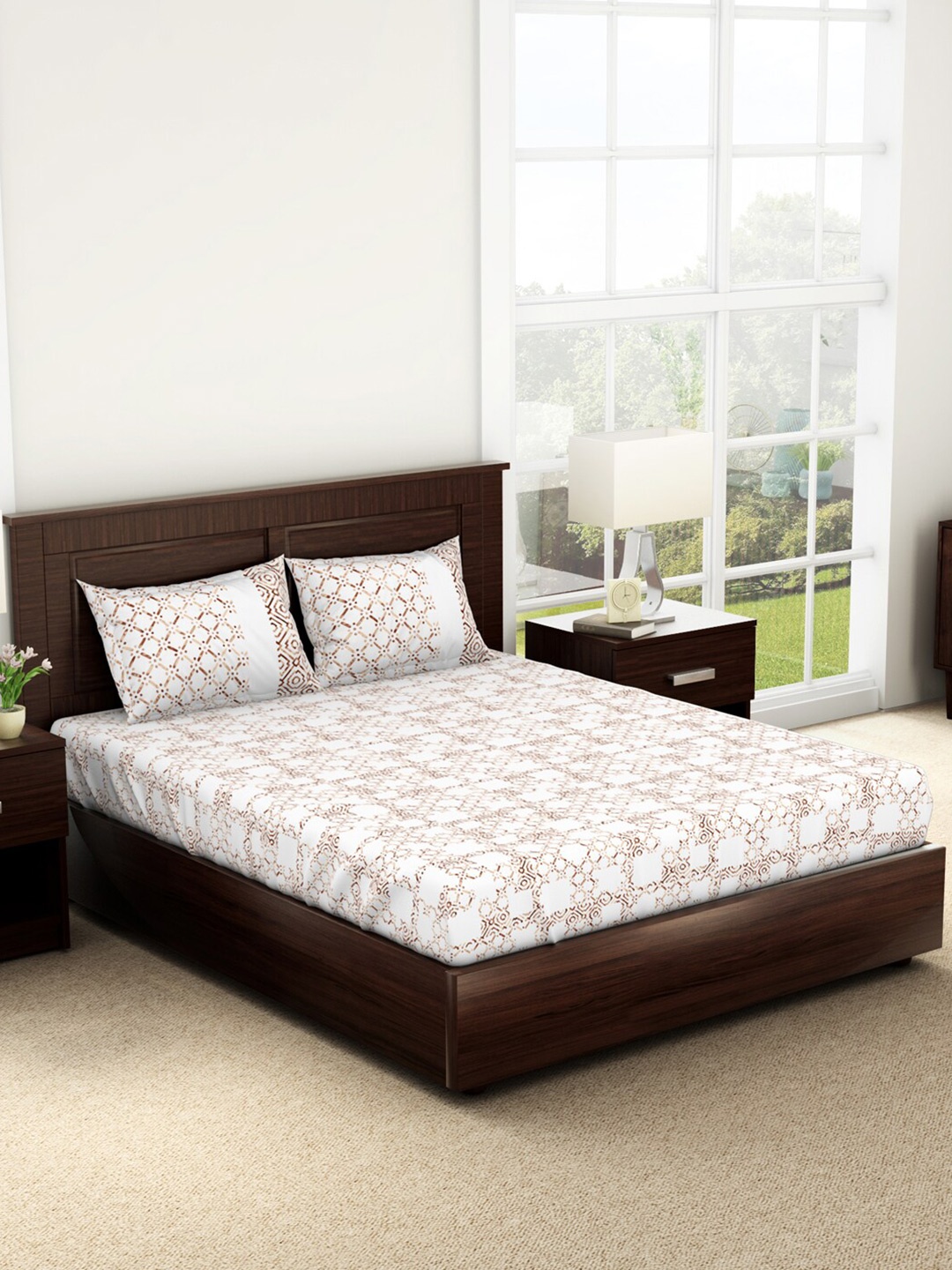 SPACES Geostance White & Brown Printed 144 TC Pure Cotton Queen Bedsheet & 2 Pillow Covers
SPACES Geostance White & Brown Printed 144 TC Pure Cotton Queen Bedsheet & 2 Pillow Covers