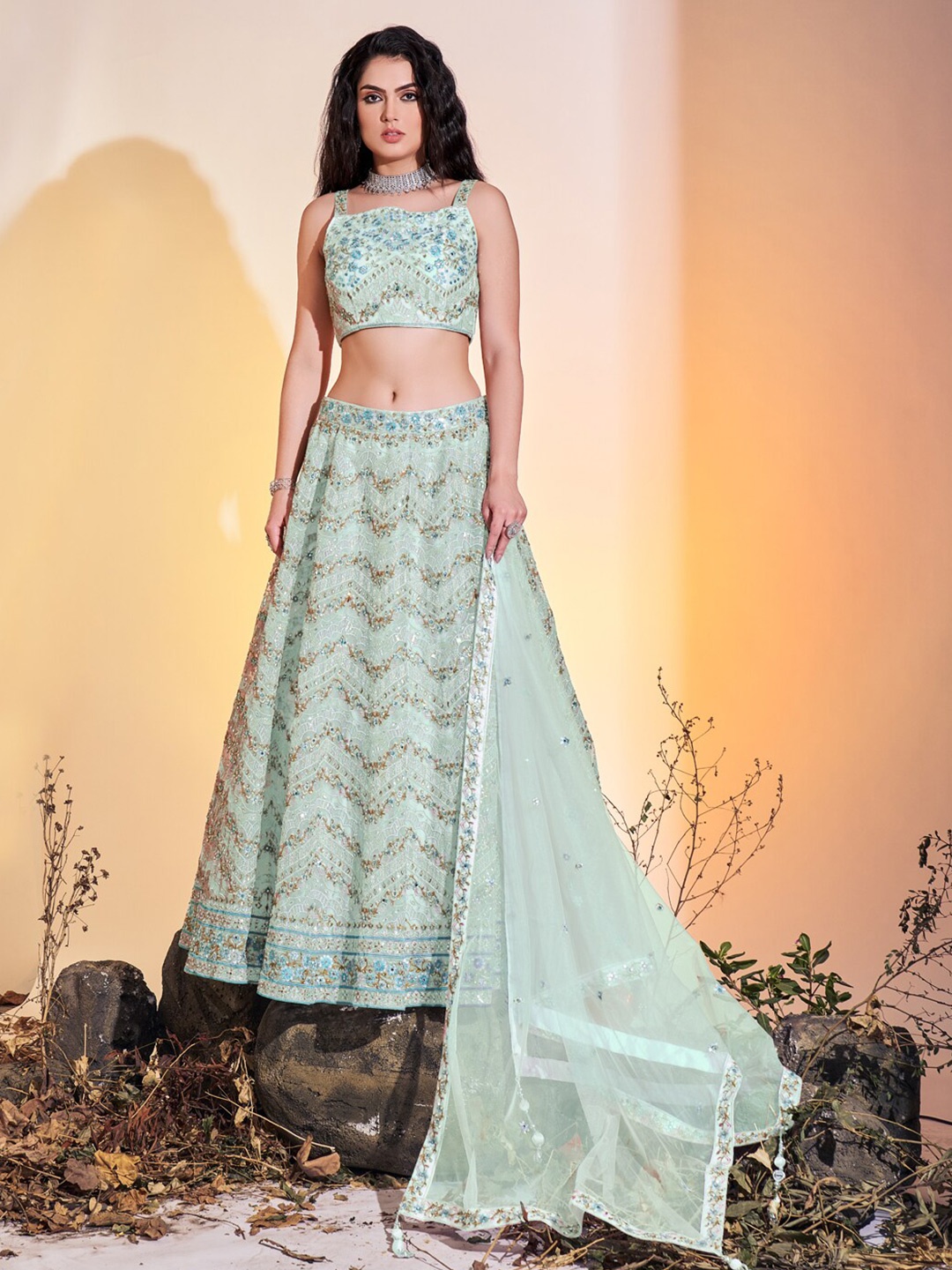 Fusionic Embroidered Mirror Work Ready to Wear Lehenga & Blouse With Dupatta, Turquoise blue
Fusionic Embroidered Mirror Work Ready to Wear Lehenga & Blouse With Dupatta, Turquoise blue