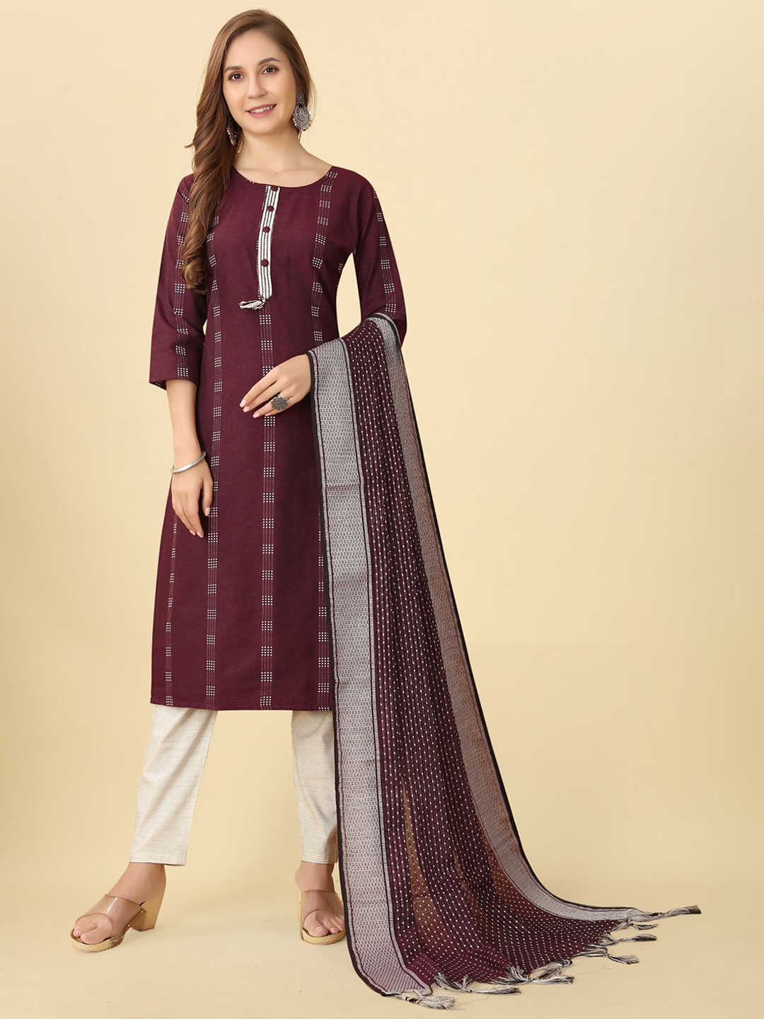 KALINI Geometric Printed Regular Kurta with Trousers & With Dupatta, Burgundy