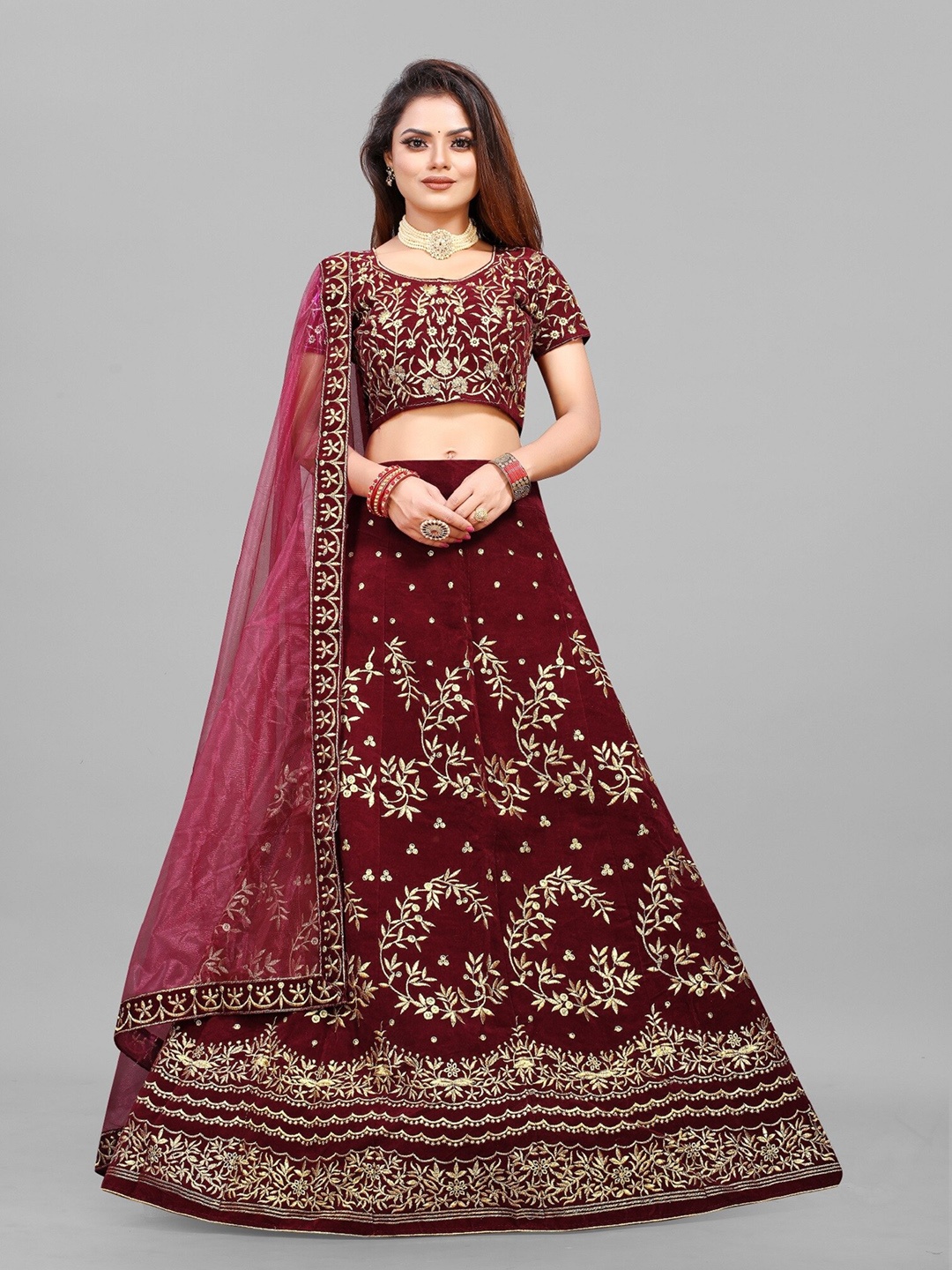 APNISHA Embroidered Velvet Semi-Stitched Lehenga & Unstitched Blouse With Dupatta, Maroon
APNISHA Embroidered Velvet Semi-Stitched Lehenga & Unstitched Blouse With Dupatta, Maroon