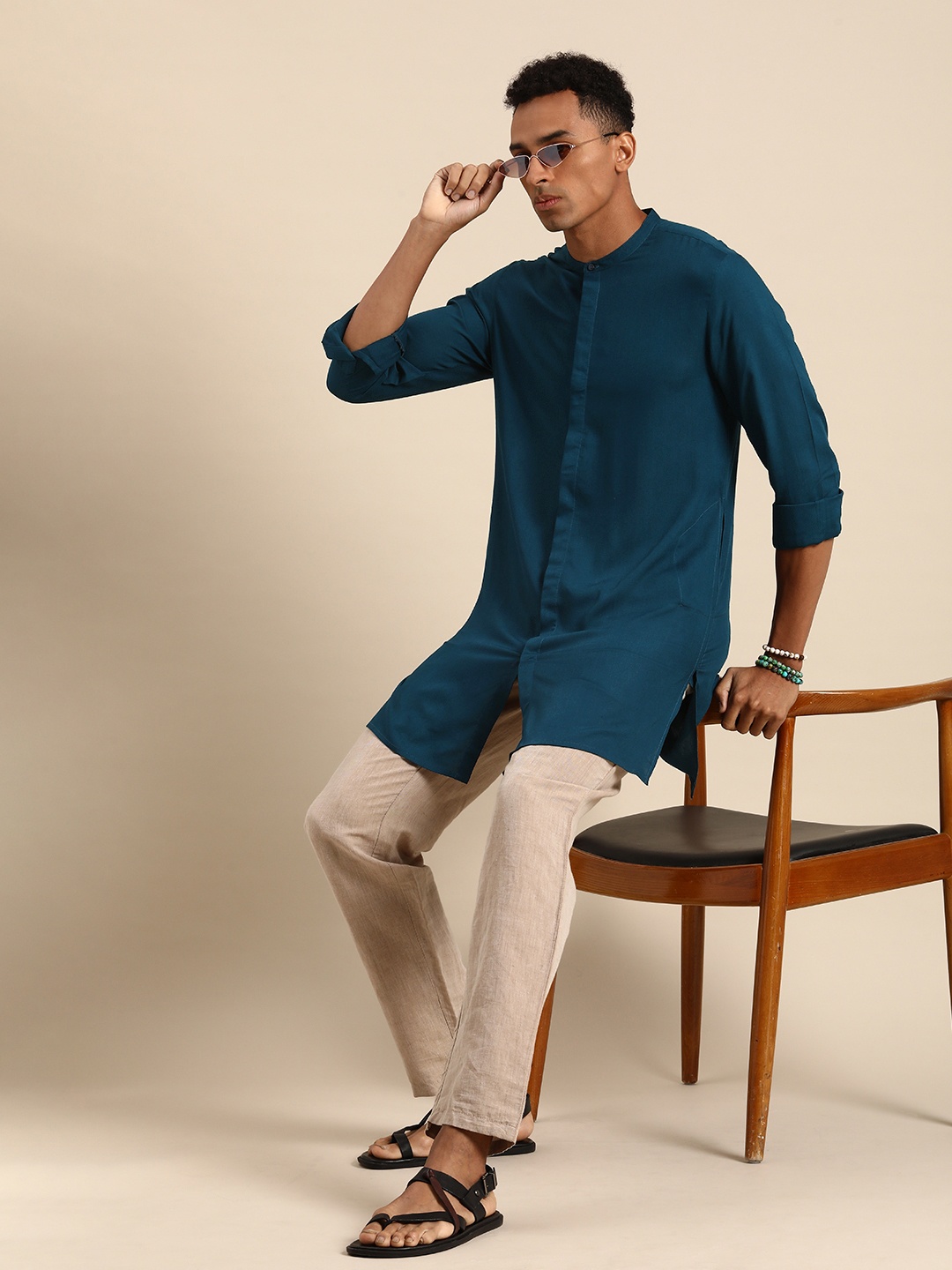 Sangria Men Solid Straight Kurta, Teal
