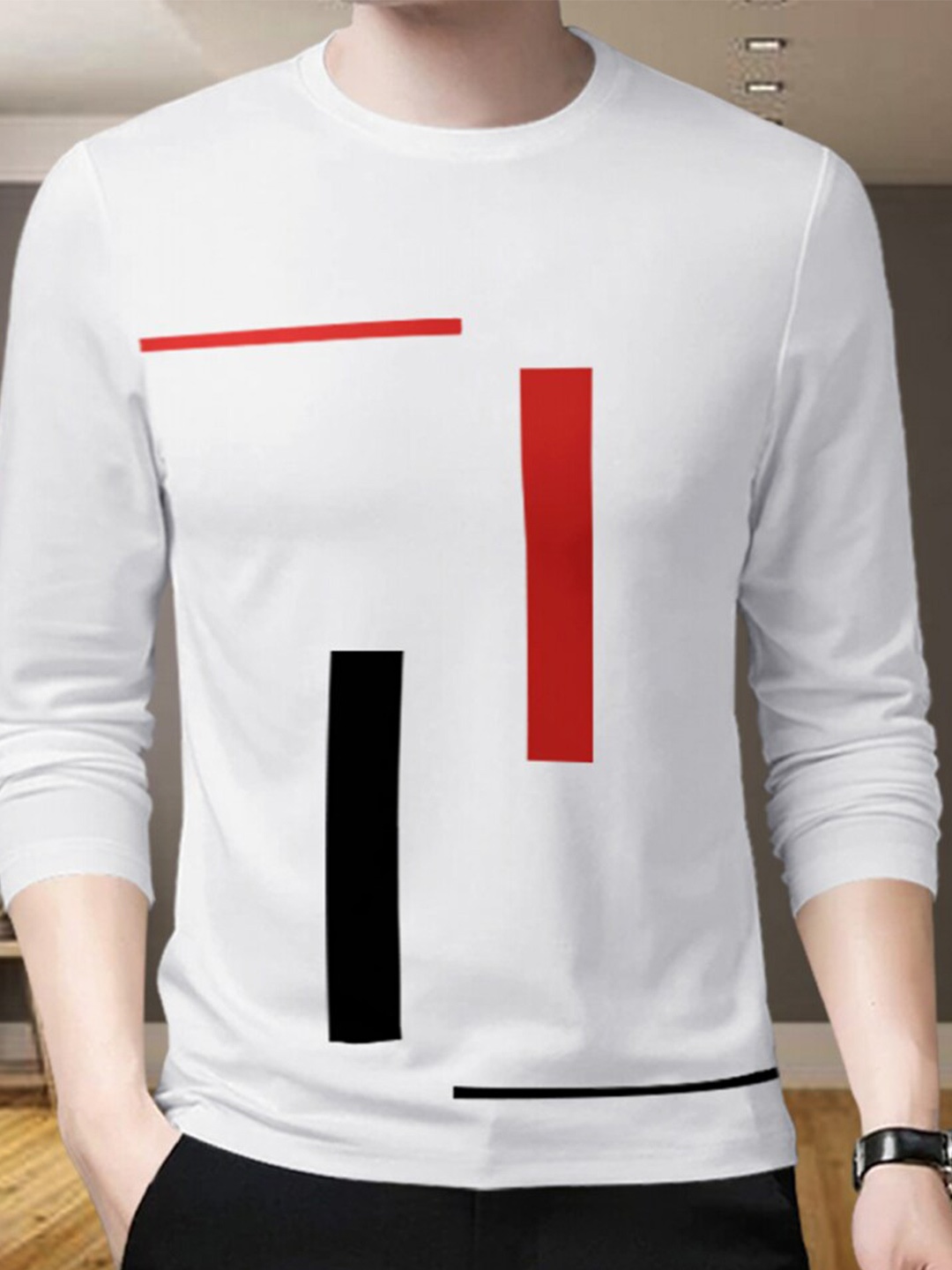 Eyebogler Geometric Printed Long Sleeve Cotton T-shirt, White