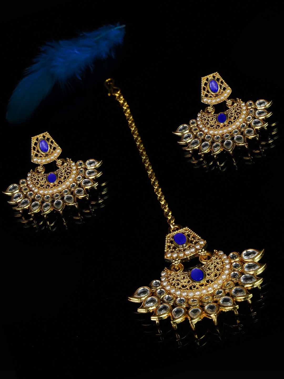 Kord Store Gold-Plated Classic Drop Earrings Maang Tikka, Blue