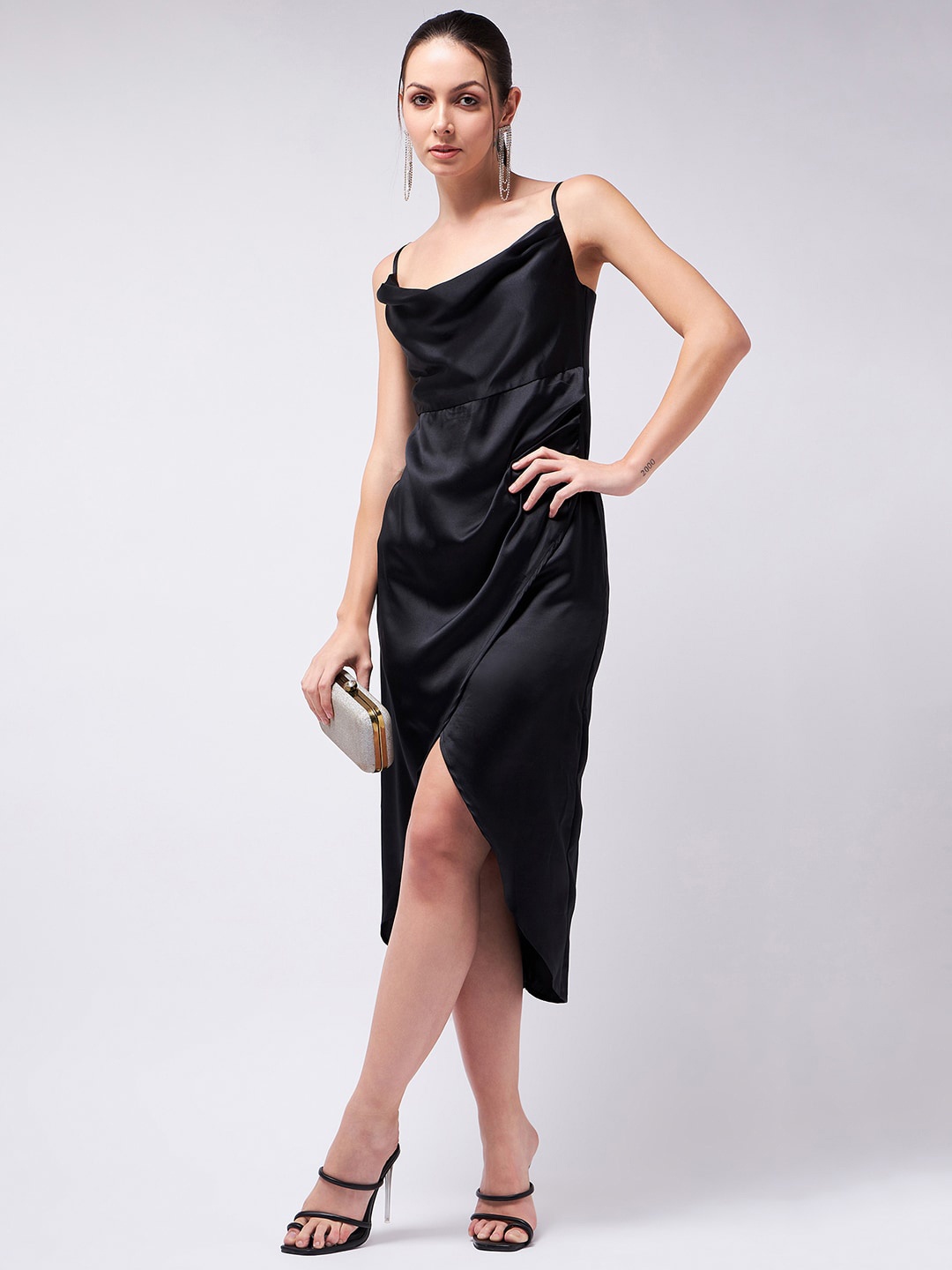 COLOR CAPITAL Shoulder Straps Tulip Satin Sheath Dress, Black