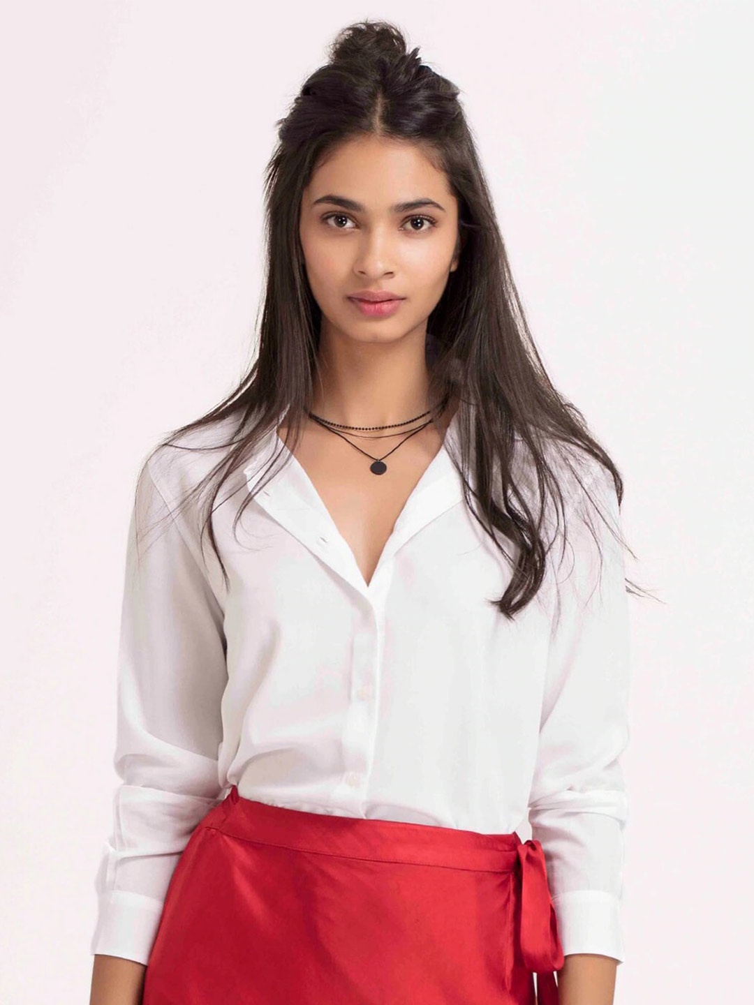COLOR CAPITAL Casual Shirt Style Satin Top, White