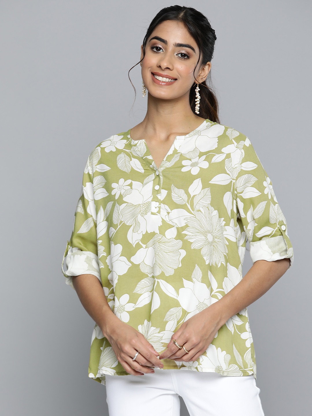 HERE&NOW Floral Print Roll-Up Sleeves Longline Top, Olive