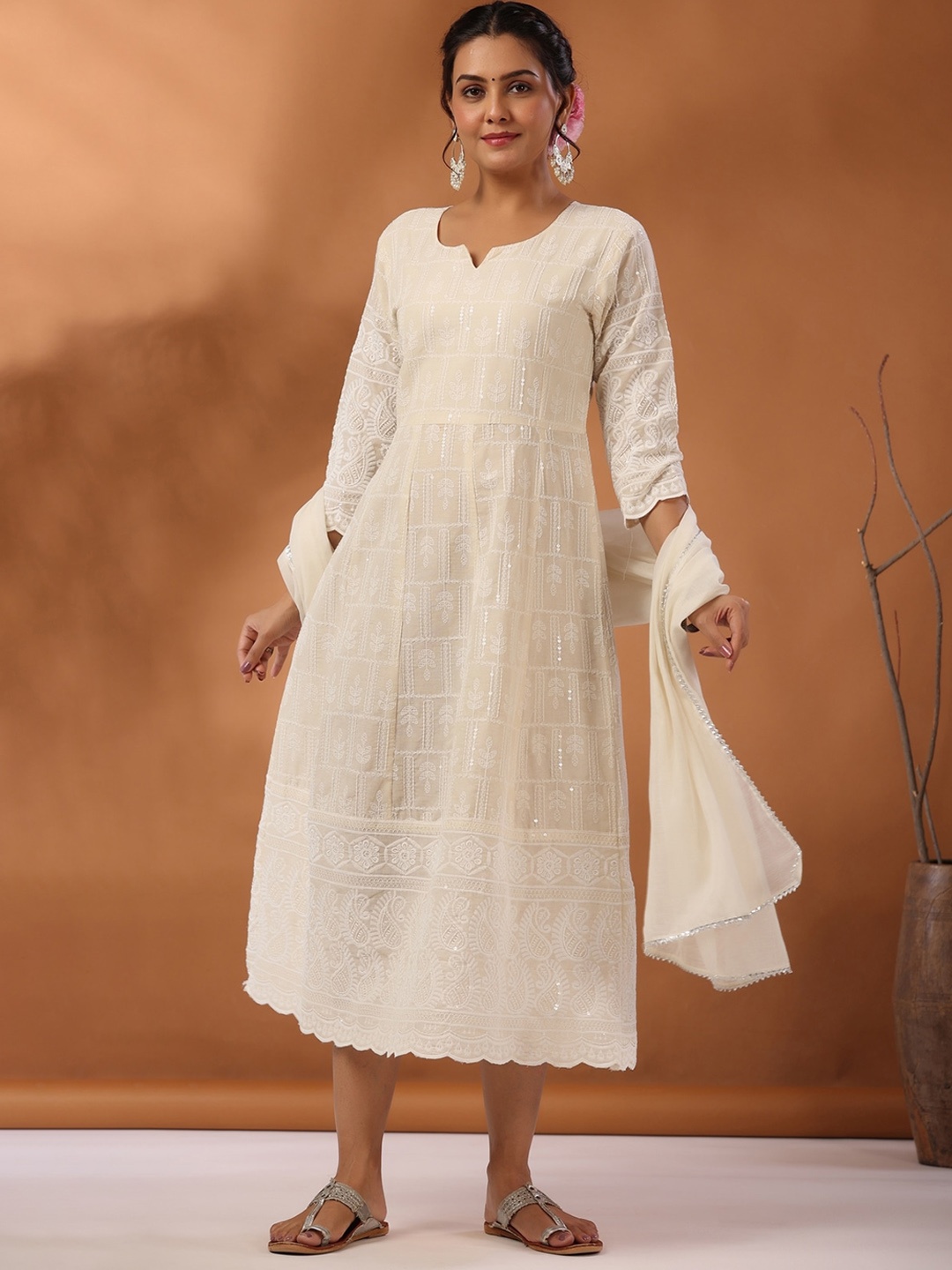 EtnicaWear Ethnic Embroidered Sequined Chikankari Pure Cotton Ethnic Dress with Dupatta, Off white
EtnicaWear Ethnic Embroidered Sequined Chikankari Pure Cotton Ethnic Dress with Dupatta, Off white