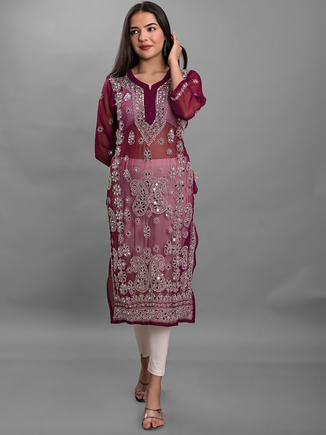 Apratim Maroon & White Ethnic Motifs Embroidered Mirror Work Chikankari Georgette Kurta
Apratim Maroon & White Ethnic Motifs Embroidered Mirror Work Chikankari Georgette Kurta