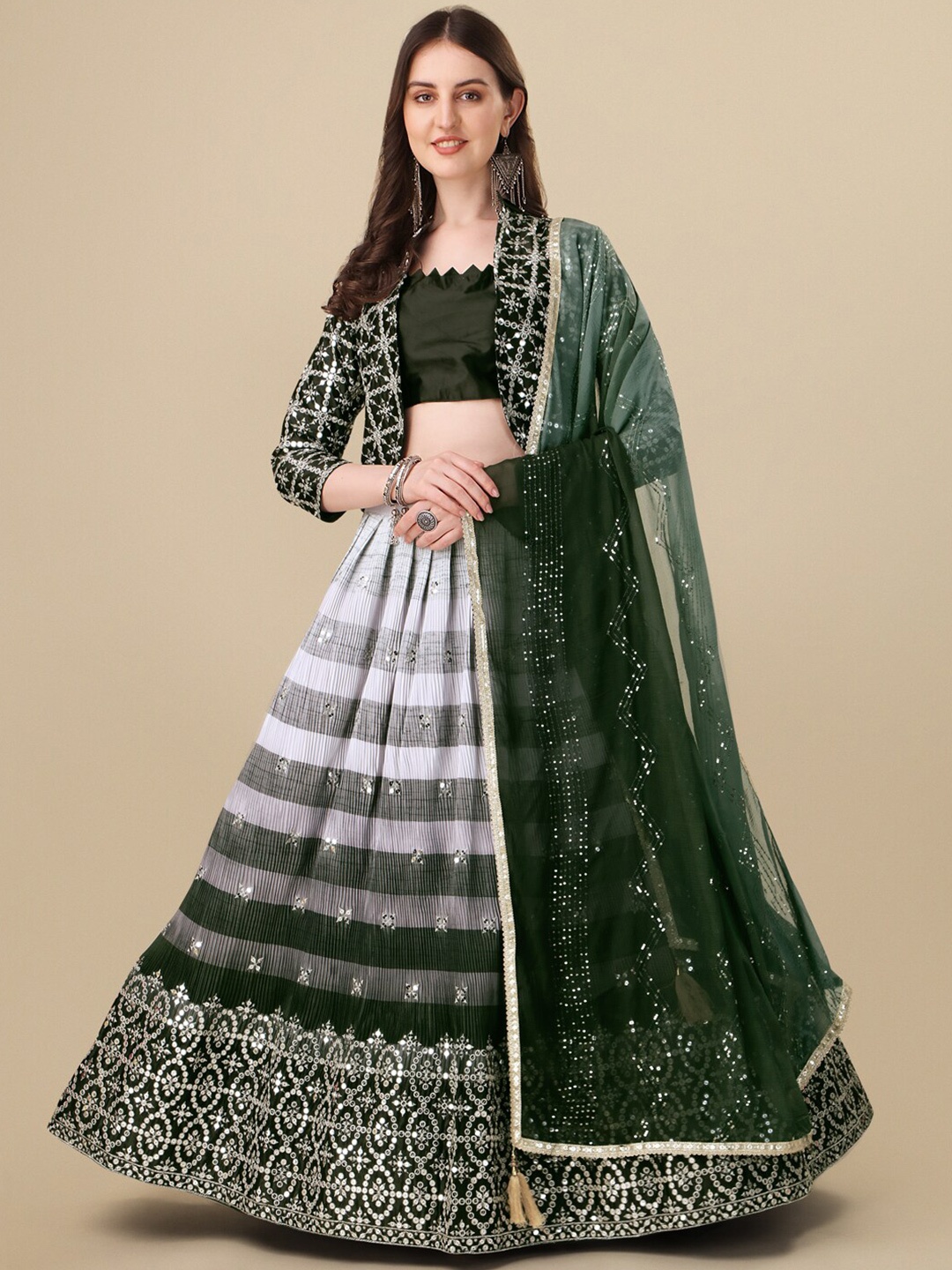 Amrutam Fab Sequinned Semi-Stitched Lehenga Crush Choli With Dupatta And Jacket, Green
Amrutam Fab Sequinned Semi-Stitched Lehenga Crush Choli With Dupatta And Jacket, Green
