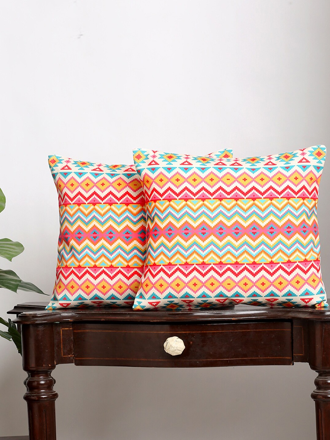 Alina decor Pink & Red 2 Pieces Ethnic Motifs Square Cushion Covers