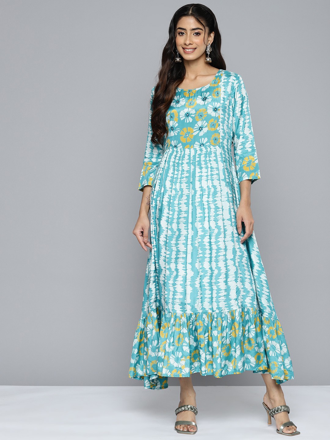 HERE&NOW Floral Print A-Line Maxi Dress, Turquoise blue