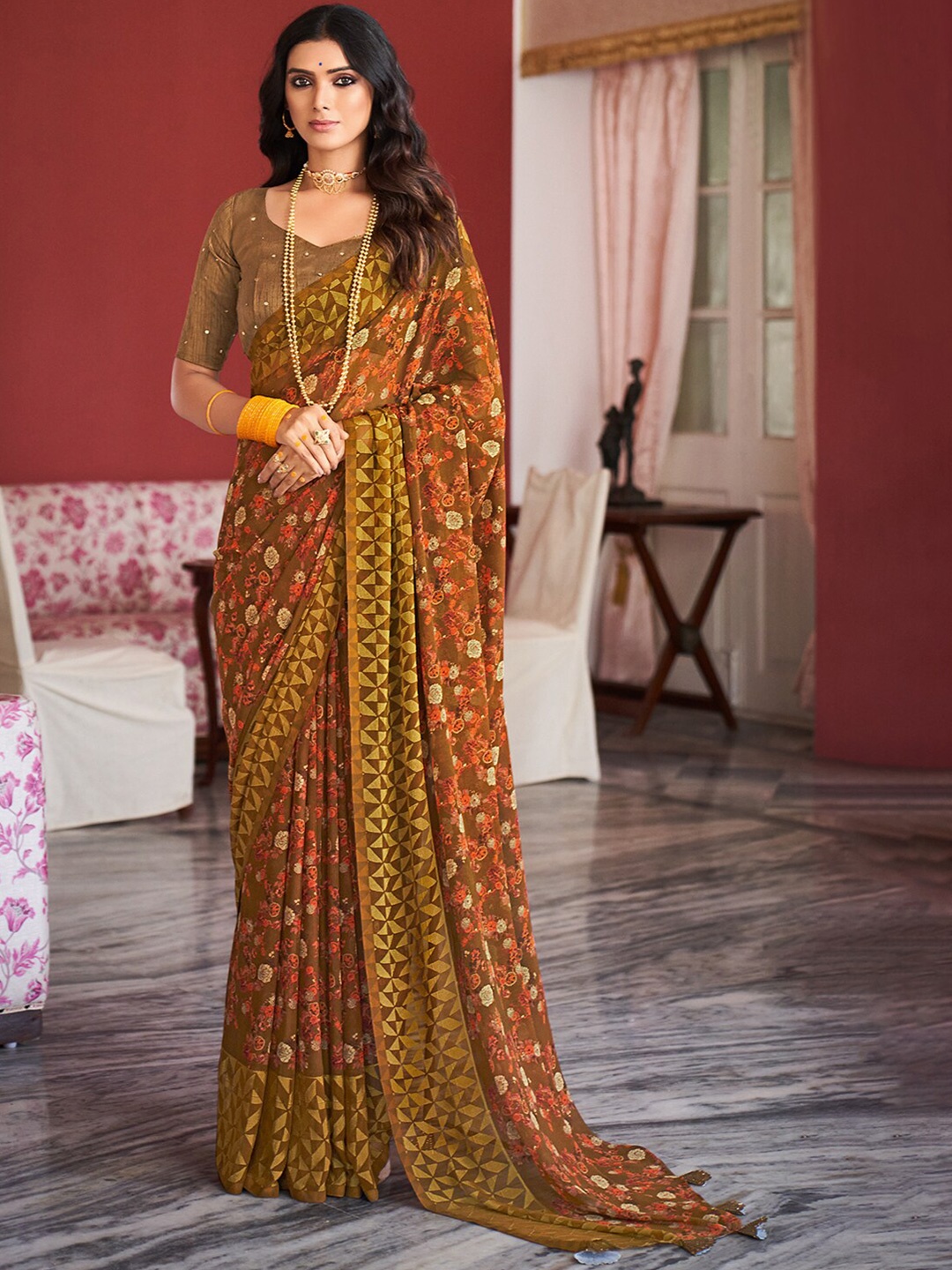 Saree mall Brown & Orange Floral Pure Georgette Sarees