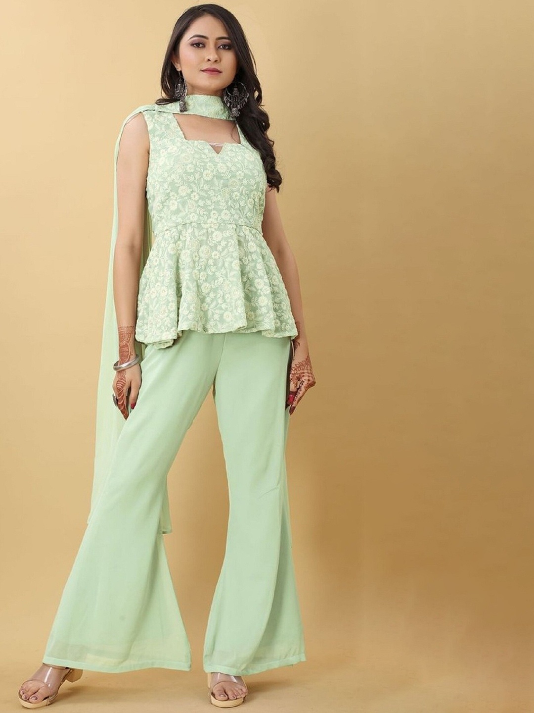 Fashion Basket Floral Embroidered A-Line Georgette Kurti with Sharara & Dupatta, Green
Fashion Basket Floral Embroidered A-Line Georgette Kurti with Sharara & Dupatta, Green