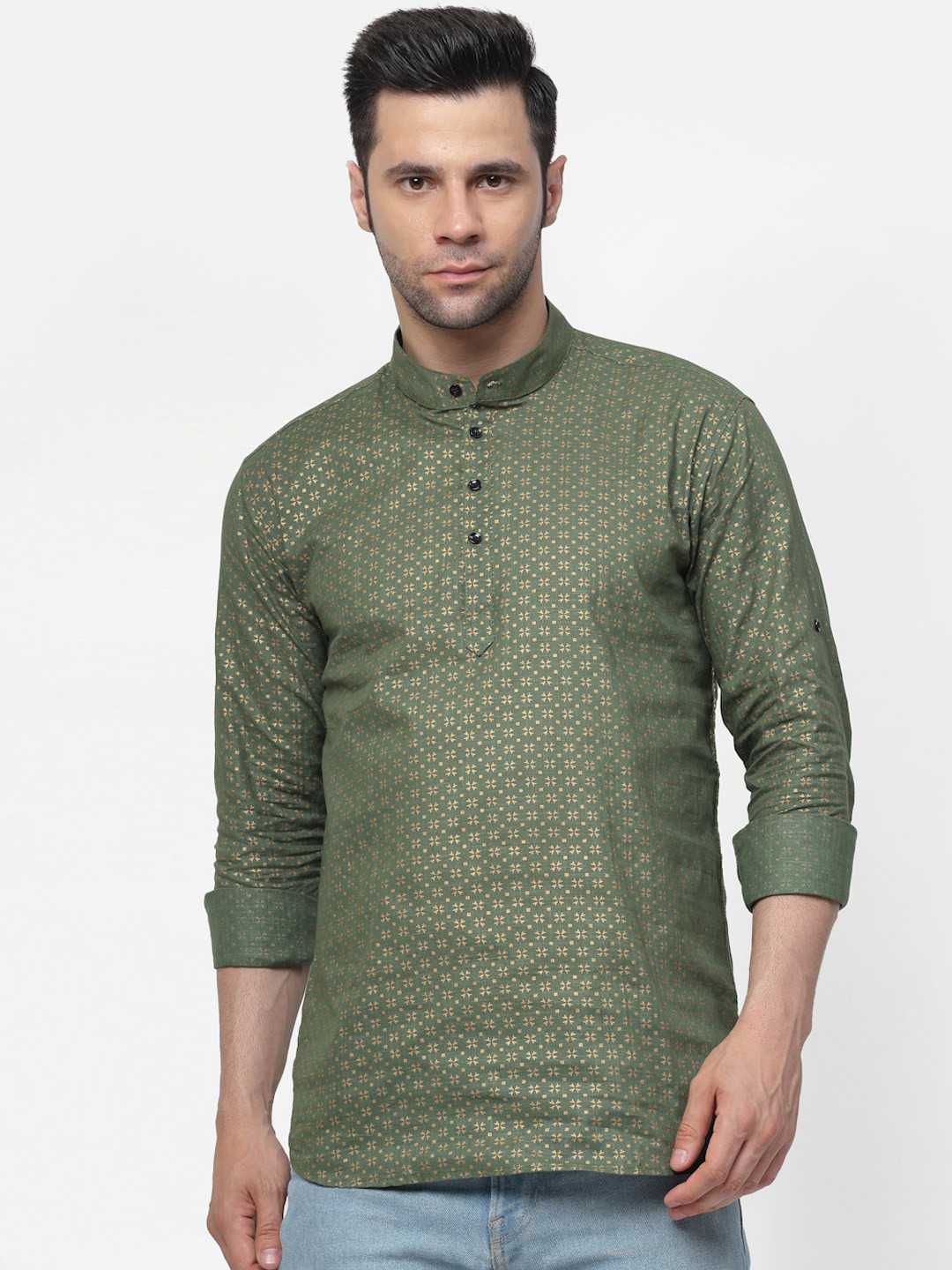 ADWYN PETER Ethnic Motif Printed Band Collar Pure Cotton Short Kurta, Green 
ADWYN PETER Ethnic Motif Printed Band Collar Pure Cotton Short Kurta, Green