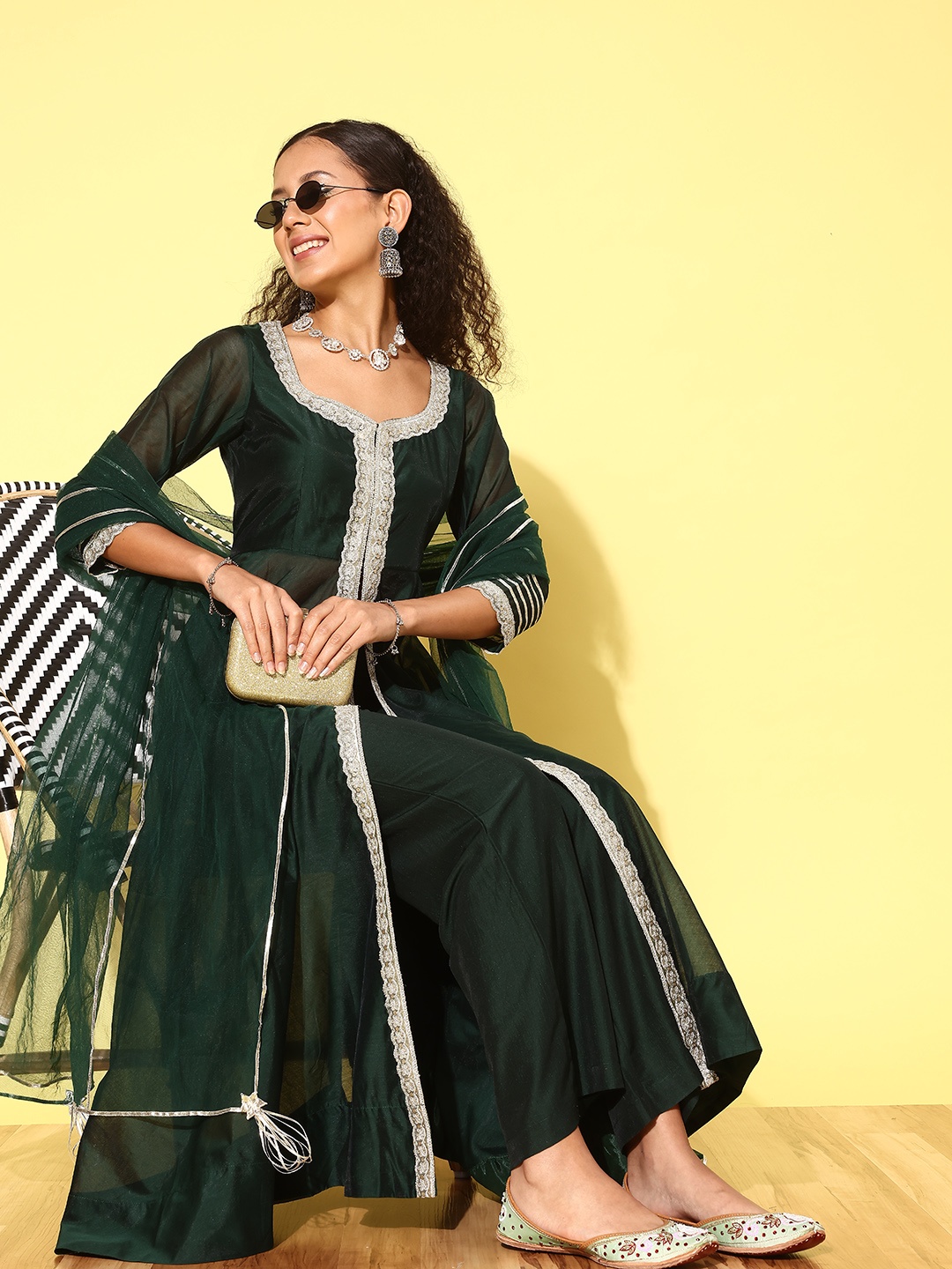 Inddus Women Floral Embroidered High Slit Gotta Patti Kurta with Palazzos & With Dupatta, Green
Inddus Women Floral Embroidered High Slit Gotta Patti Kurta with Palazzos & With Dupatta, Green